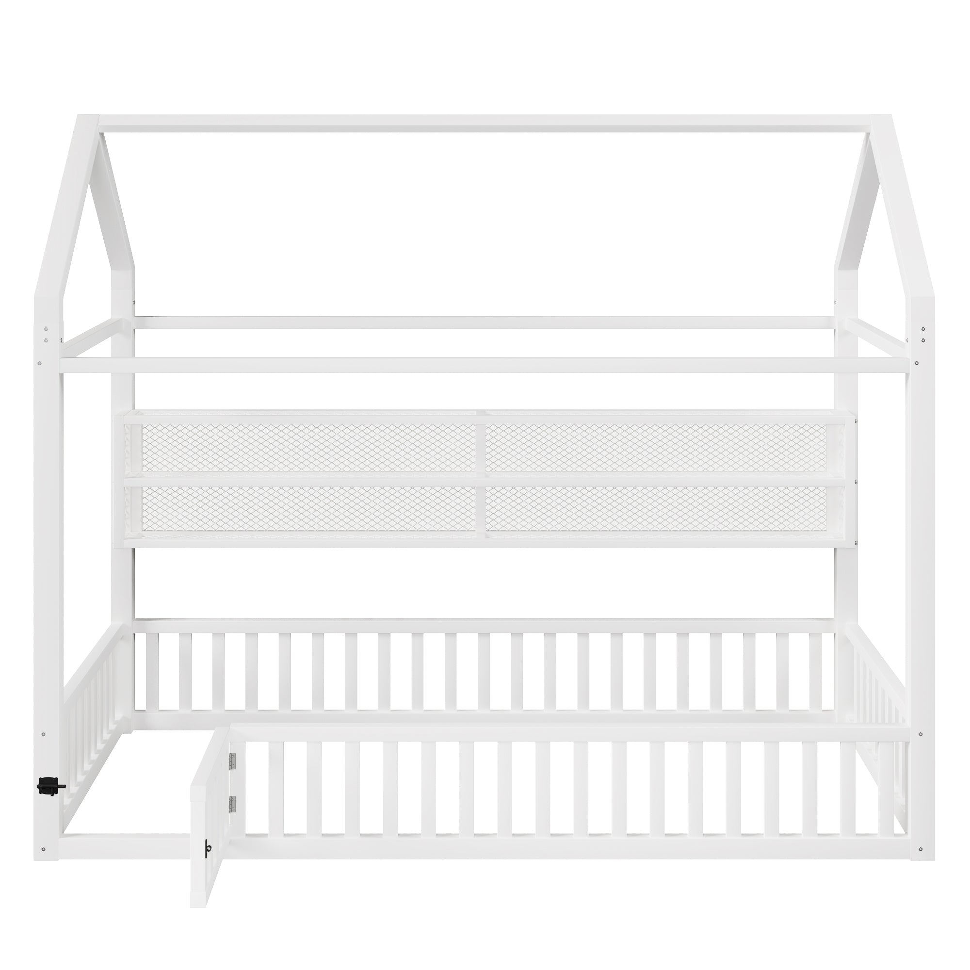 House-Shaped Platform Bed with Fence and LED Lighting, 90x200cm, White Metal