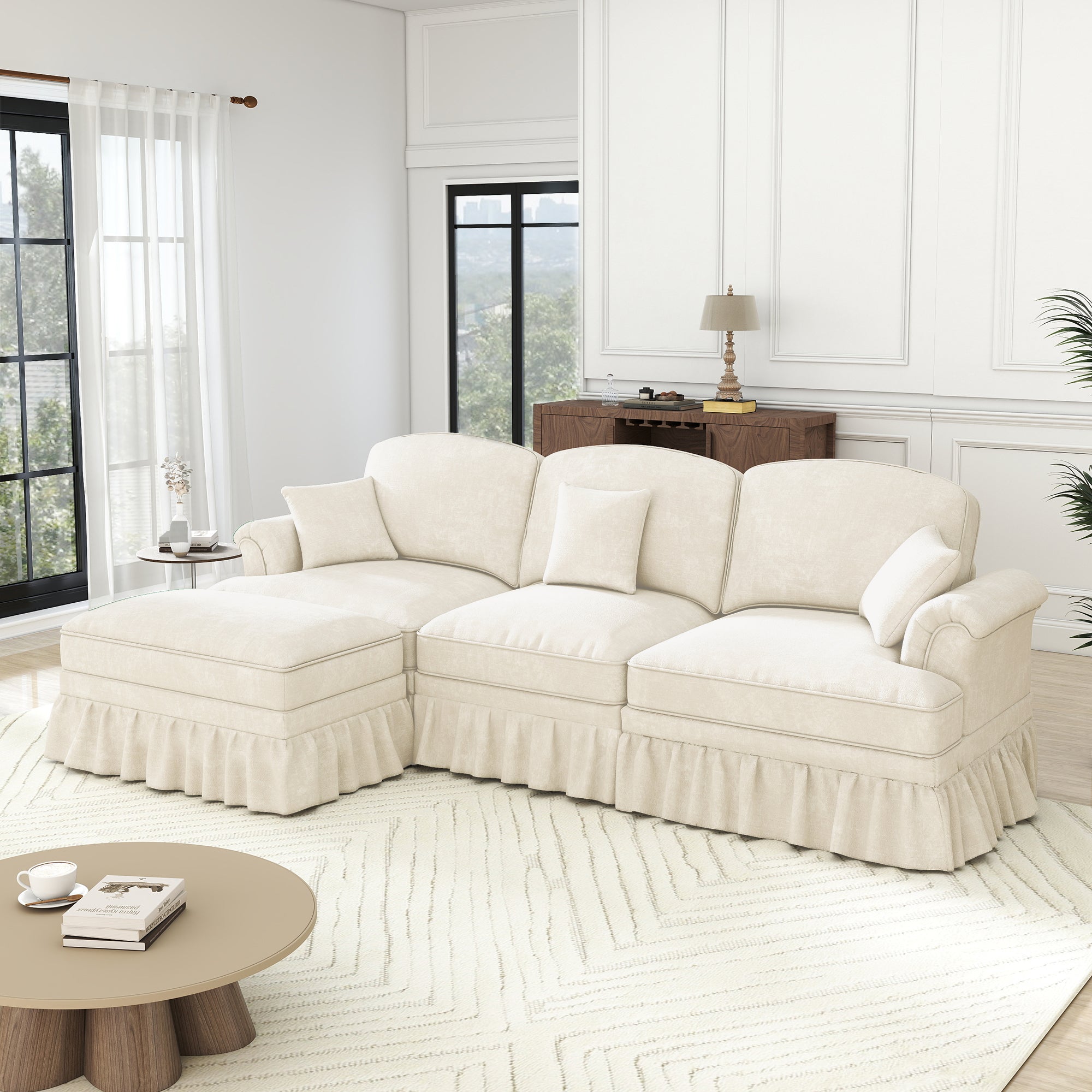 Modular L-Shaped Sofa 3-Seater Mid-Century Ottoman - White Chenille