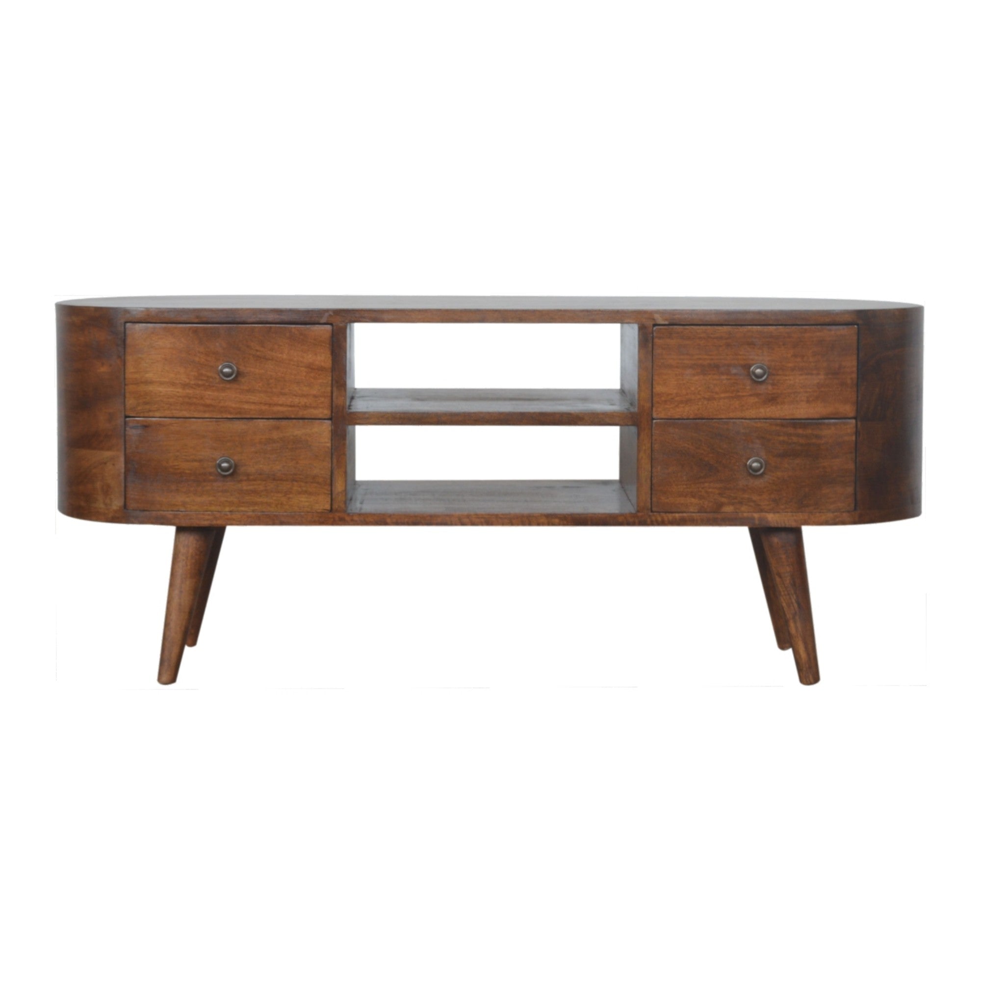 Solid Wood Entertainment Unit, Rounded 4 Drawers 2 Open Slots, Dark Brown Chestnut