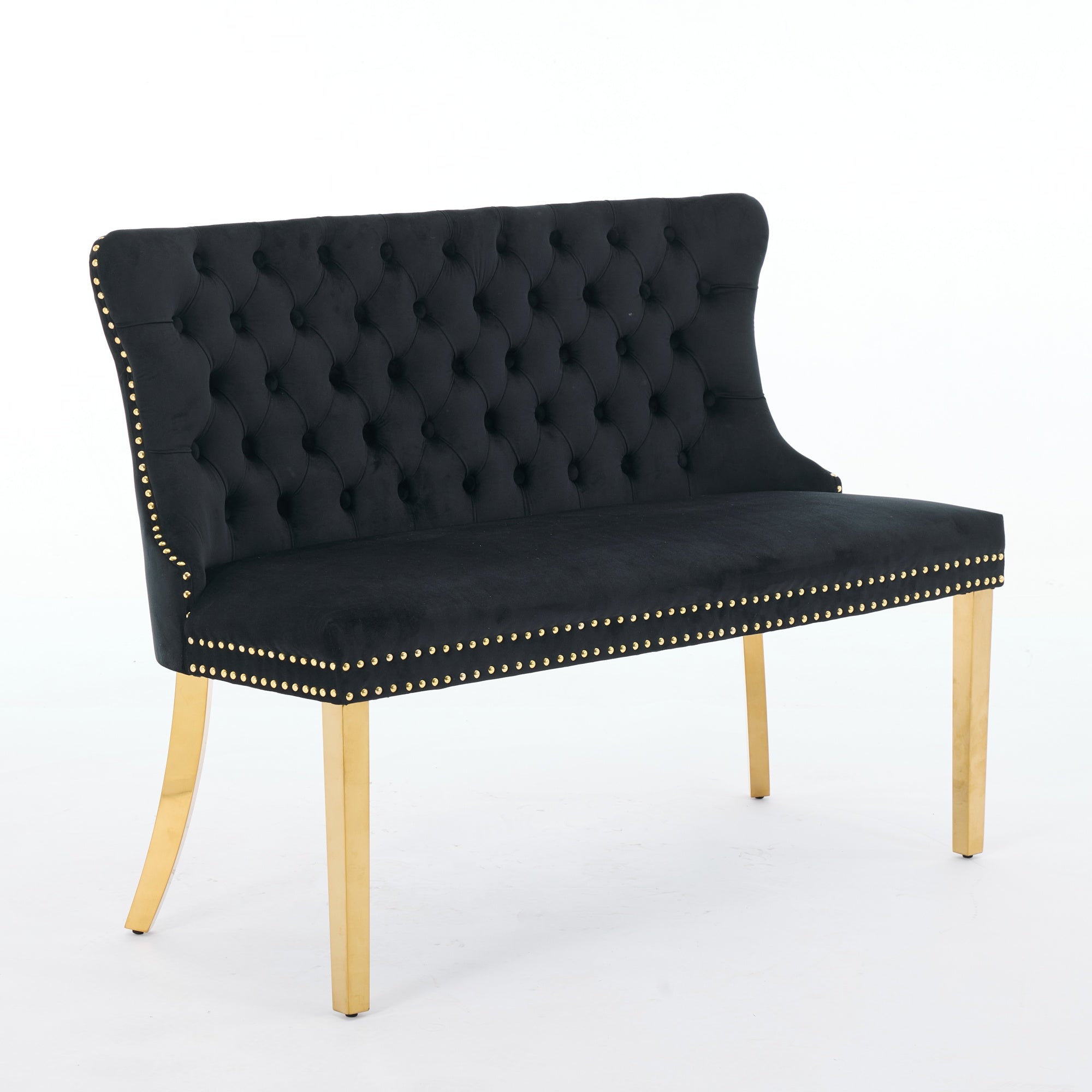 Velvet Dining Loveseat Bench, 2-Seat Tufted Wing Back Gold-Plated Steel Legs, Black Velvet