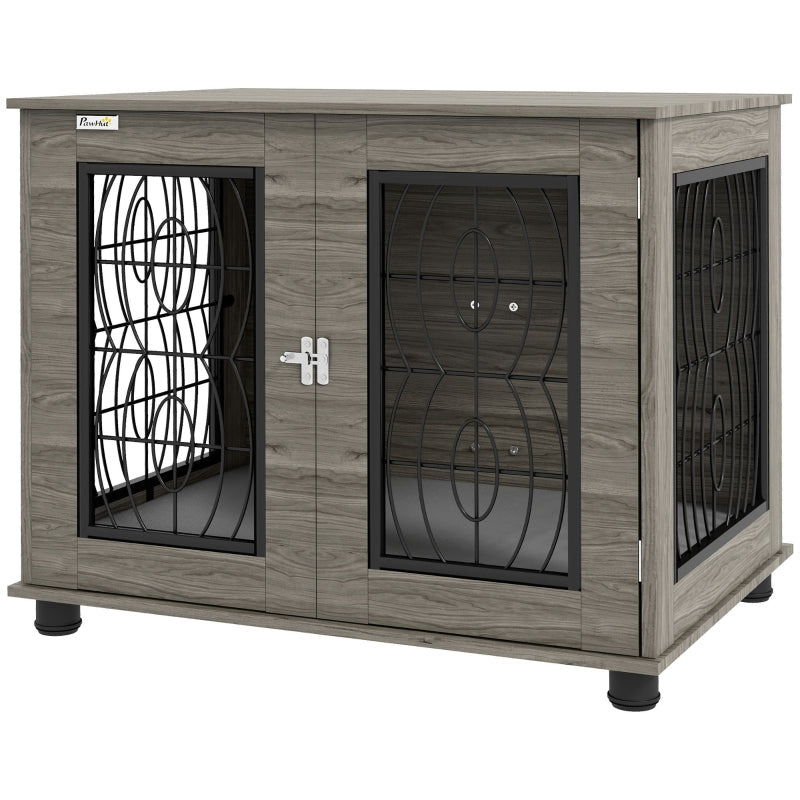 Dog Crate with Cushion, 20 kg/50 cm, Metal, Grey/Wood Decor