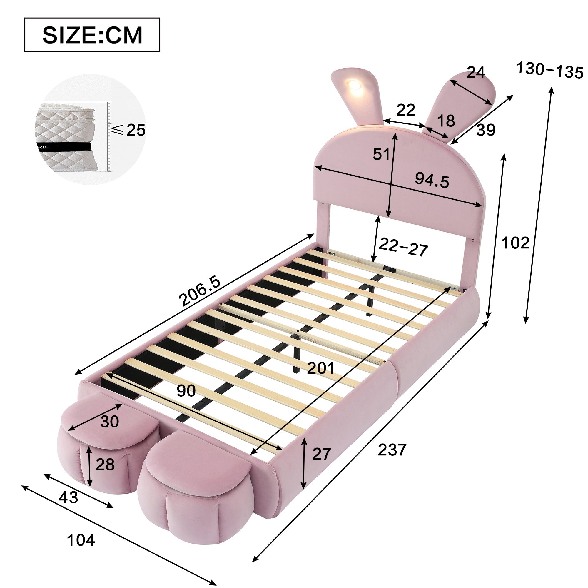 Upholstered Bed Single Bunny Ears LED Storage Stools Velvet Pink 90x200cm
