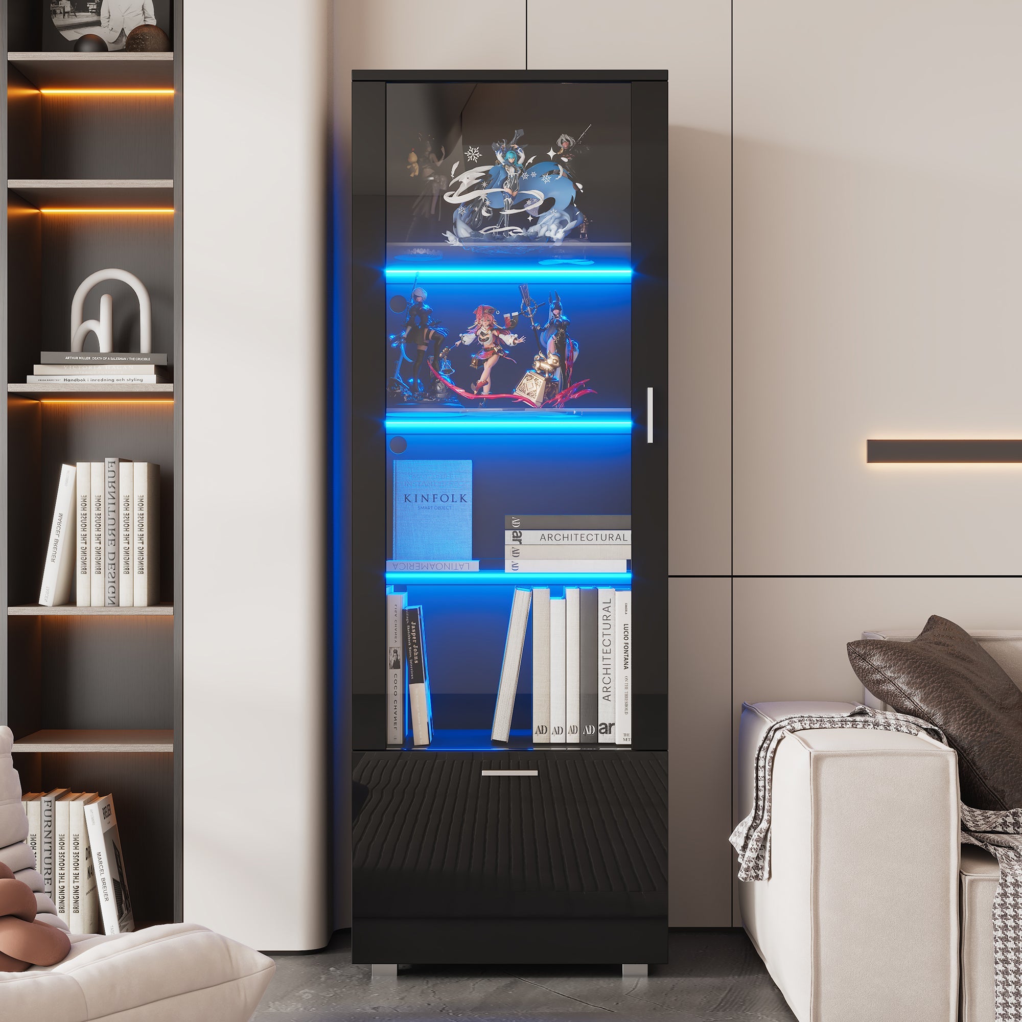 Display Cabinet, LED-Lit Glass with 3 Shelves for Collectibles, Black High-Gloss