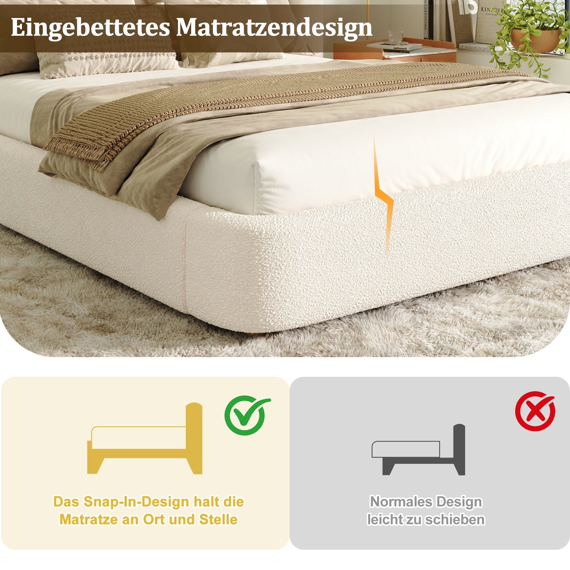 Upholstered Double Bed with Hydraulic Storage, Slatted Frame, and Headboard, Beige Bouclé, 160 x 200