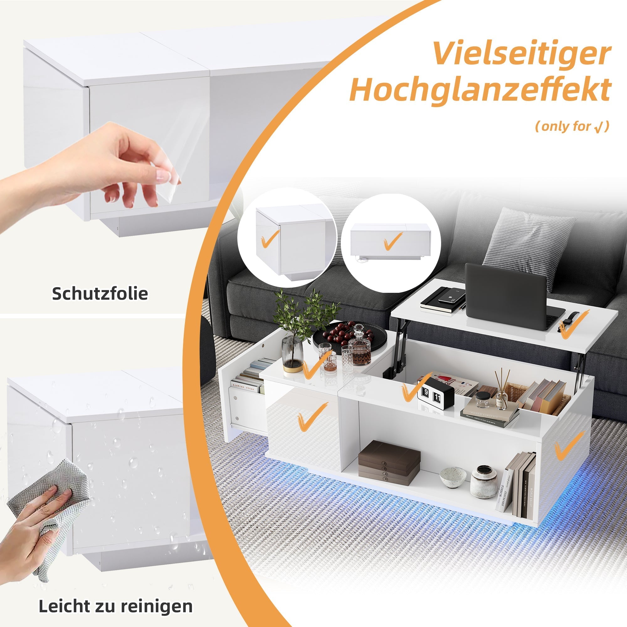 Coffee Table, Height-adjustable with Hidden Storage, LED Light & Drawer, White