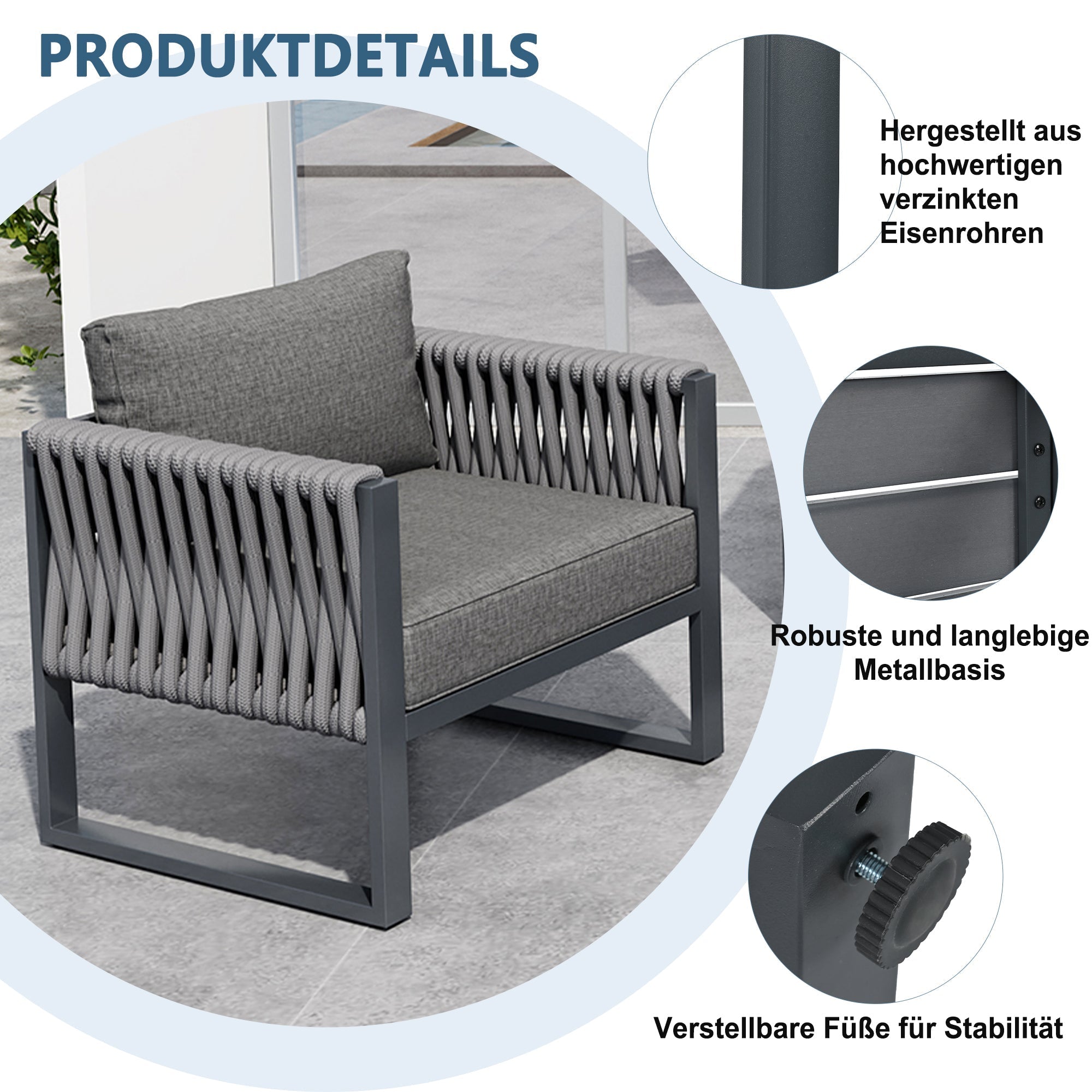 Outdoor Sofa Set 5-Seater Adjustable Feet Rustproof Metal Frame - Grey