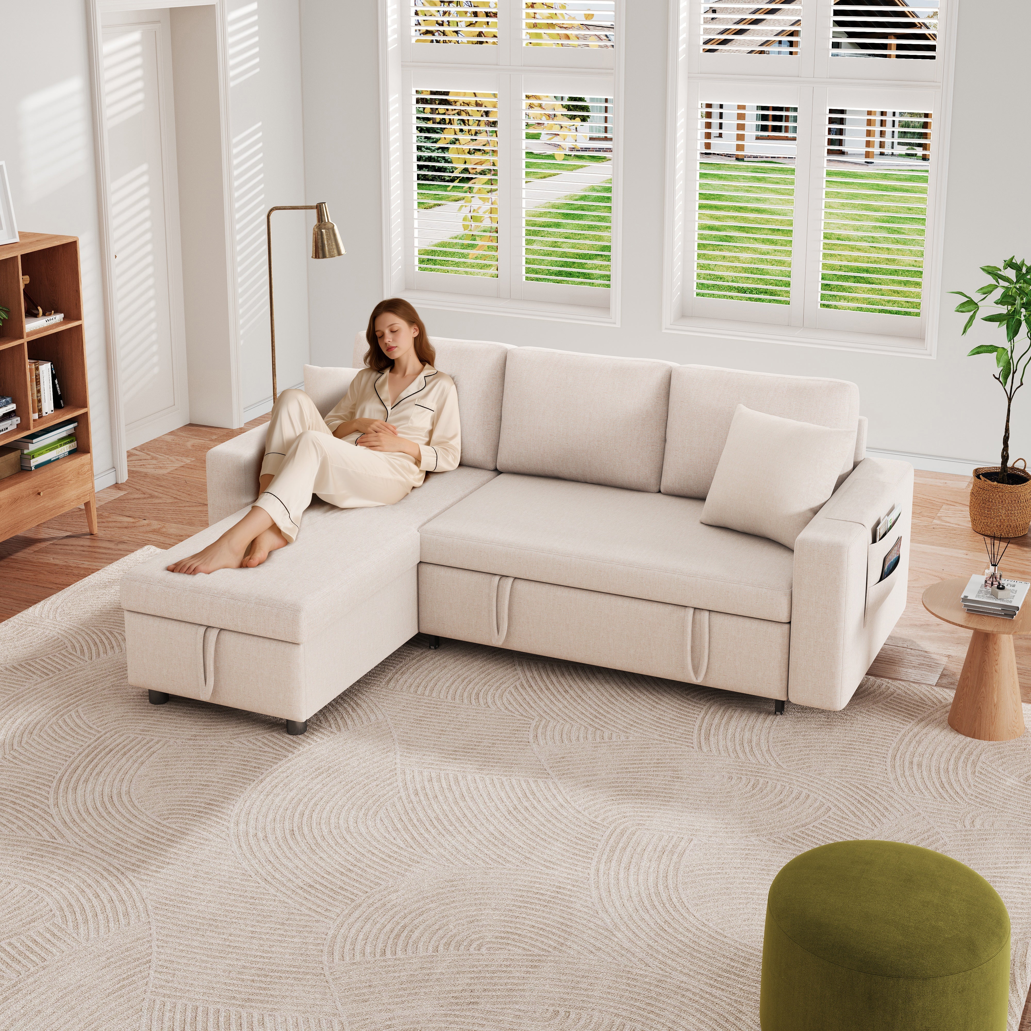 Sofa Bed L-Shaped Chaise Storage Reversible Beige