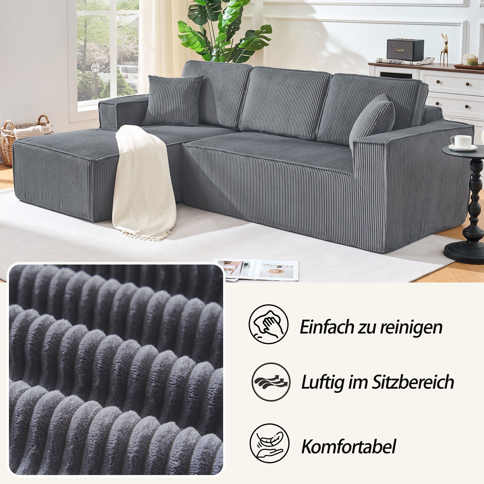 L-Shaped Modular Corner Sofa with Chaise Longue and High-Density Foam, Grey Corduroy
