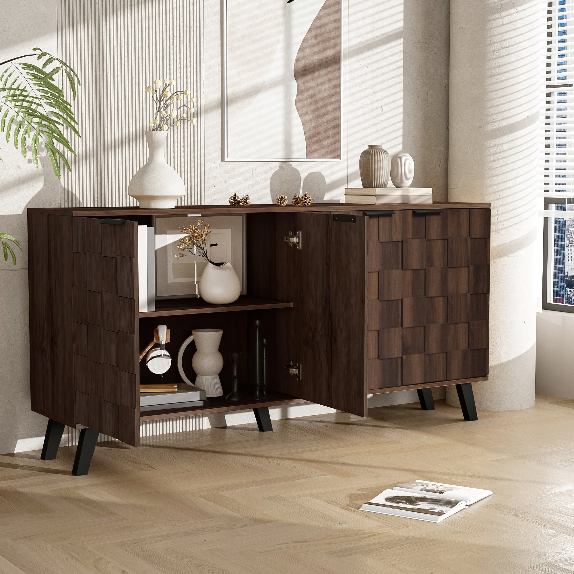 Modern Sideboard, 4 Doors 160.5x35.5x78 cm, Dark Wood Grain