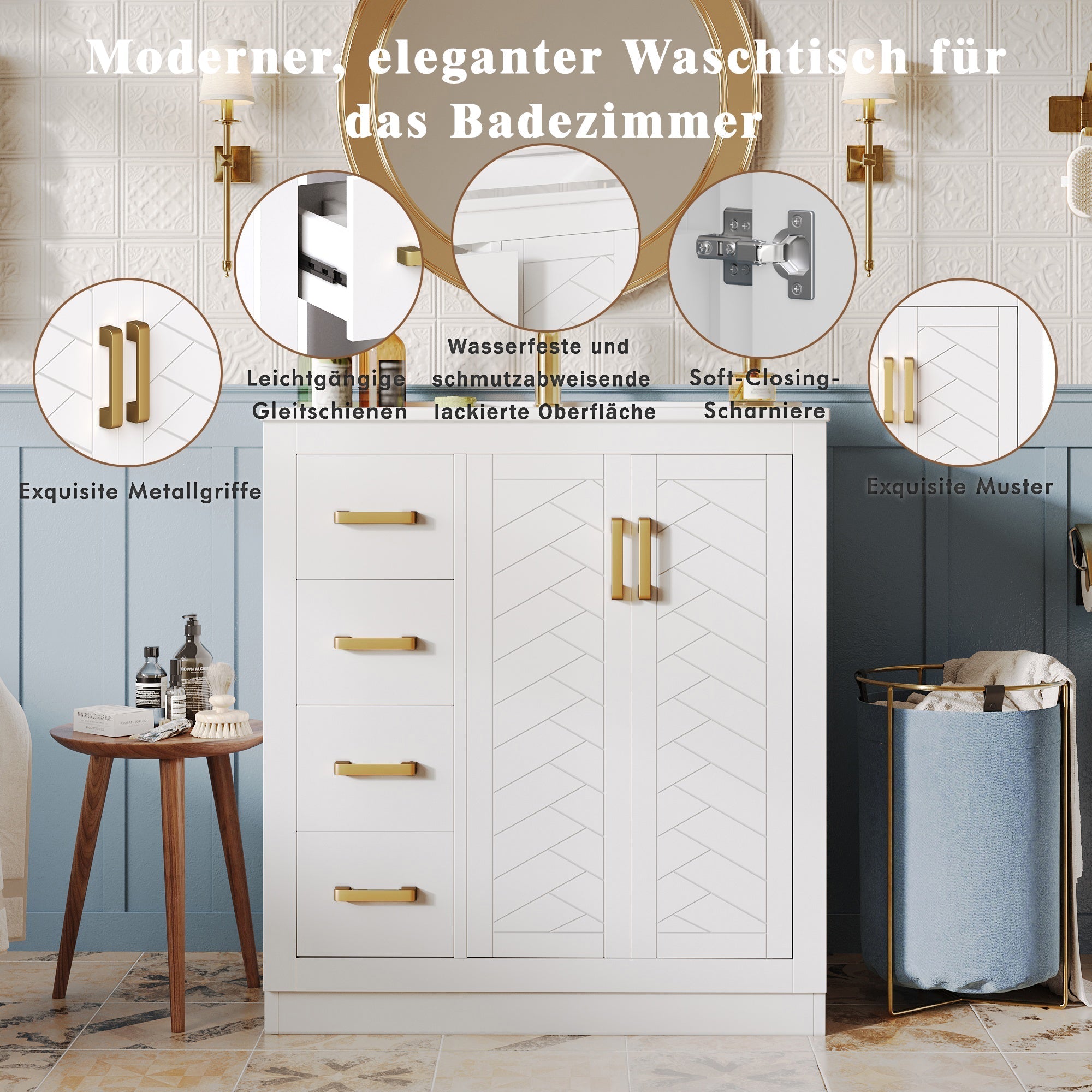 Bathroom Vanity Unit with Ceramic Sink and 3 Drawers, White