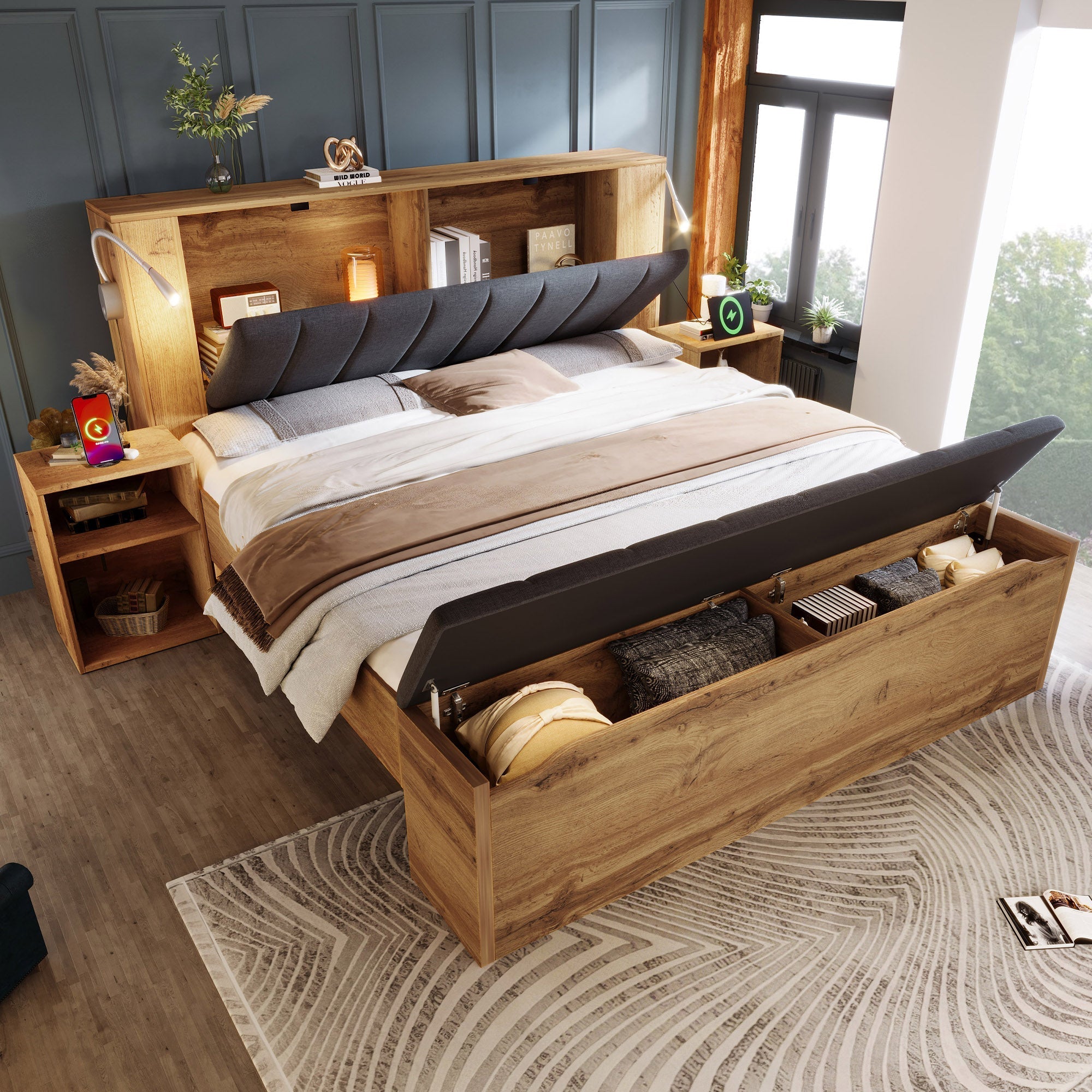 Double Bed 180x200cm with Fold-Down Headboard, Storage, Nightstands, Bed Bench and USB Lamps, Oak Color