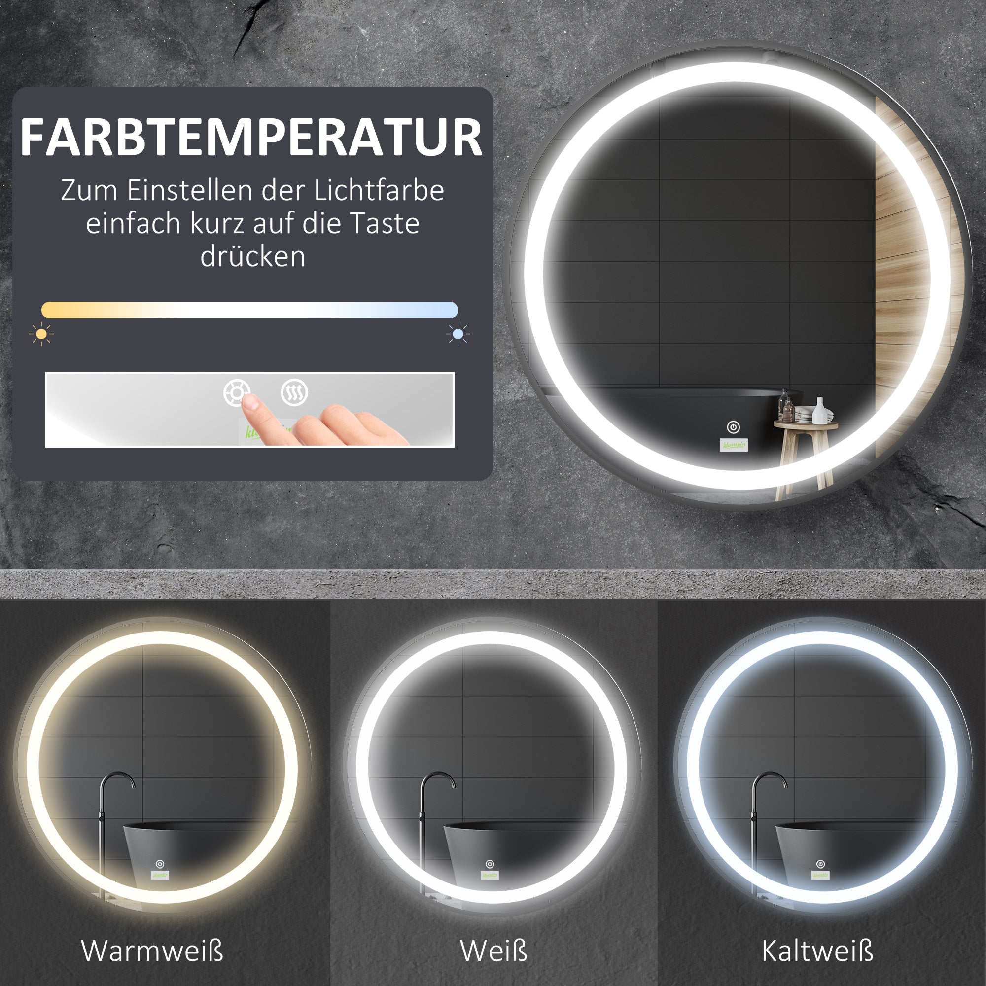 kleankin LED Bathroom Mirror, 60cm, 3 Light Colors, Touch, Black