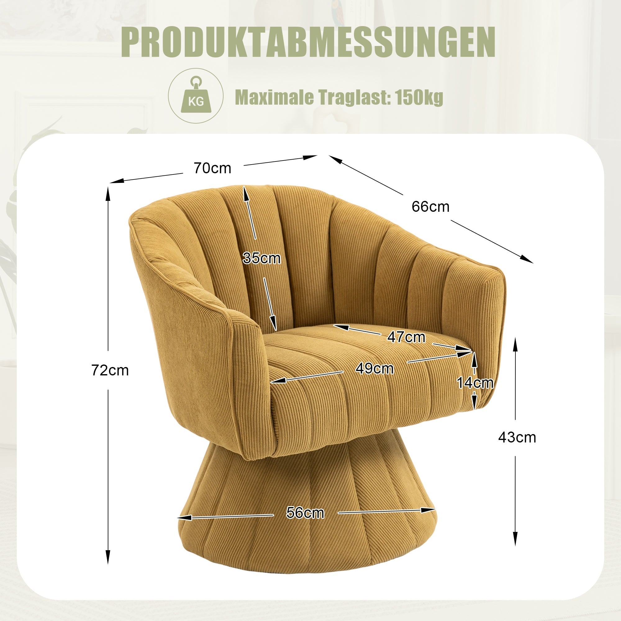 360° Swivel Chair with Ergonomic Cushions and Wraparound Armrests, Mustard Yellow