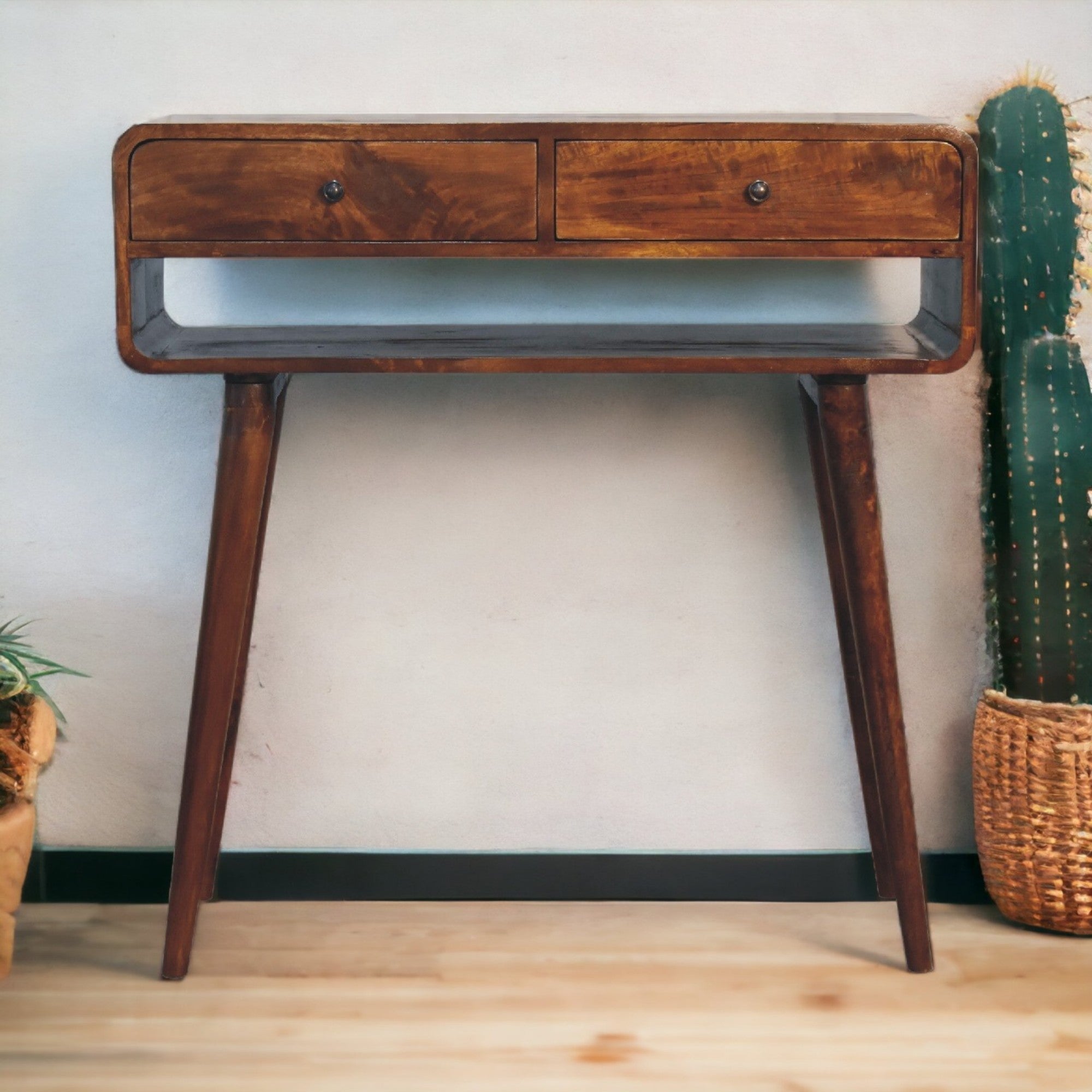 Sonata Console Table, 2 Drawers and Open Slot, Solid Wood Dark Brown