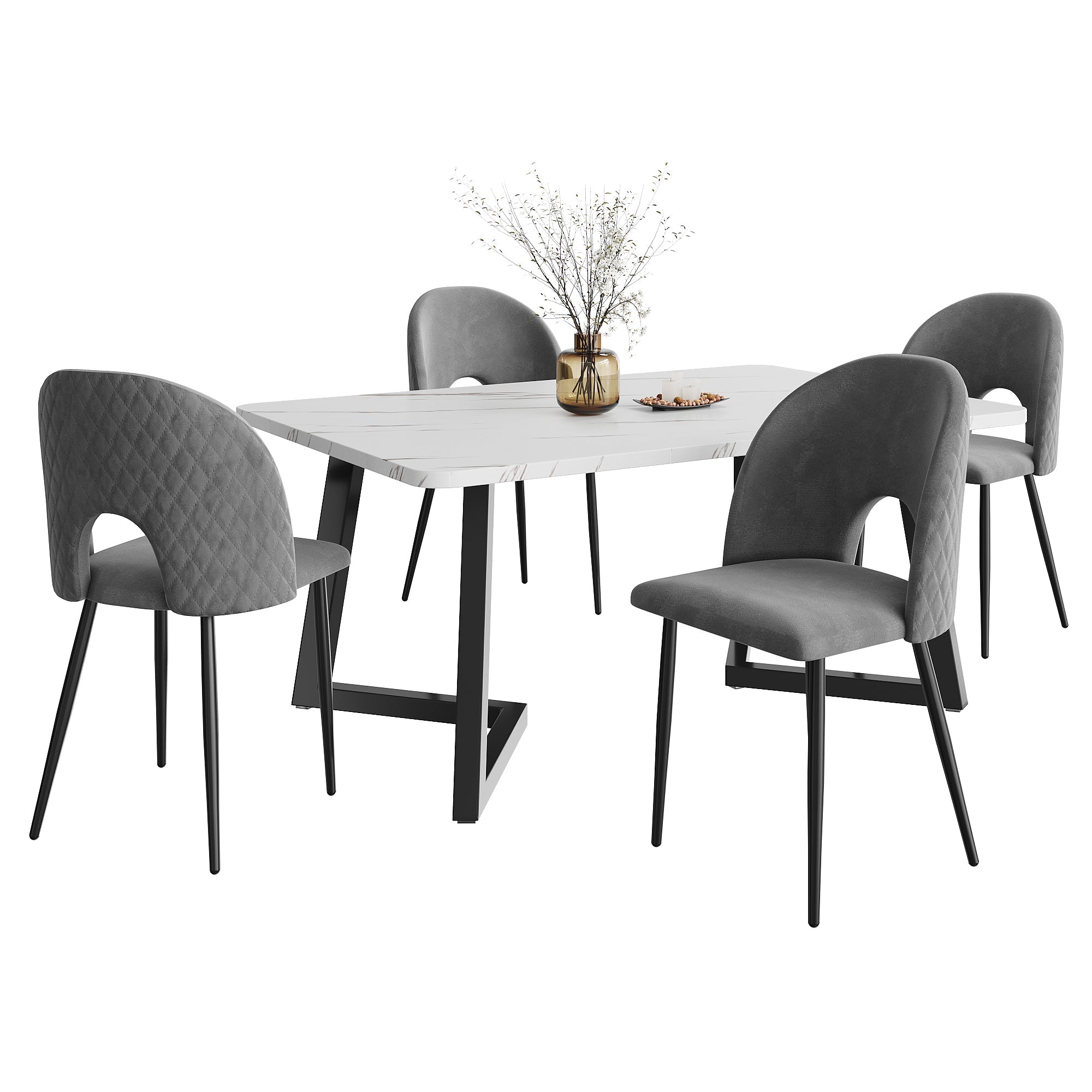 Dining Set (117x68cm Table & 4 Chairs), Rectangular Modern Kitchen Table, Velvet Diamond Pattern Chairs, Grey Velvet/Black Legs