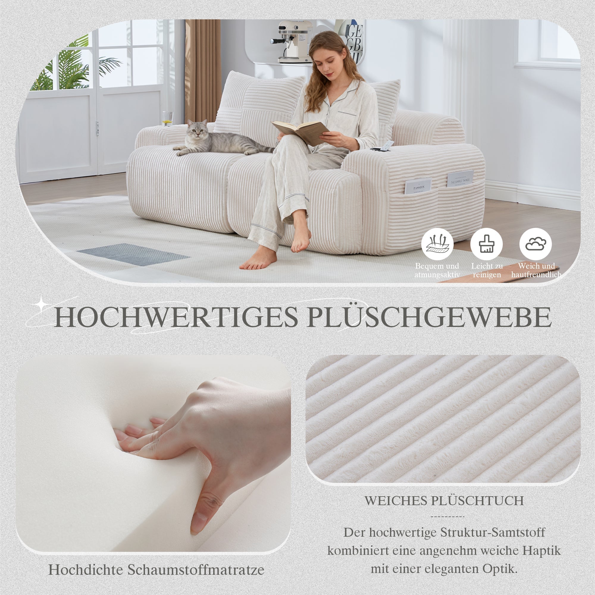 Modular 2-Seater Sofa with Cup Holder and Side Storage Pocket, Beige Corduroy