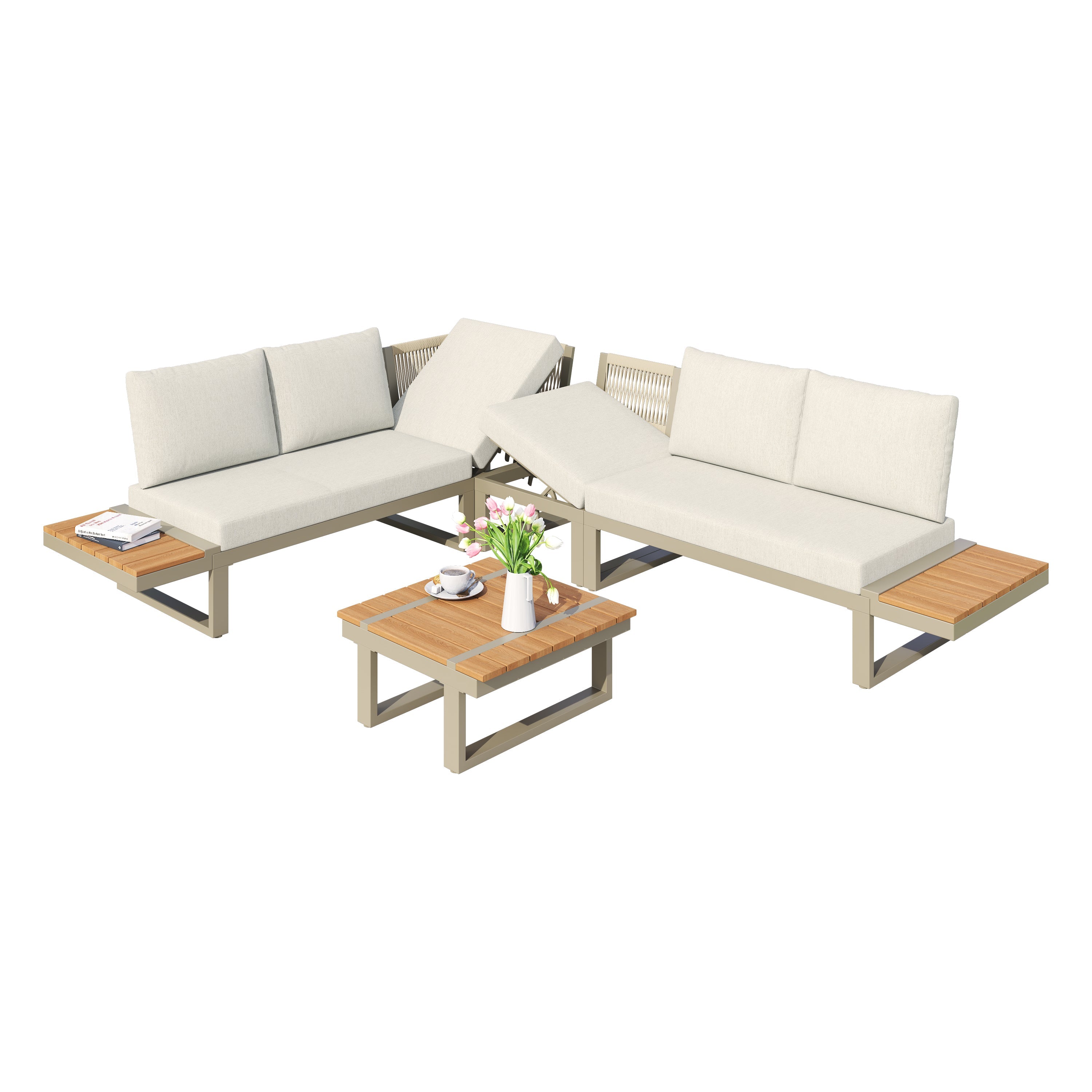 Garden Furniture Set with 2 Convertible Reclining Beds and Coffee Table, Beige