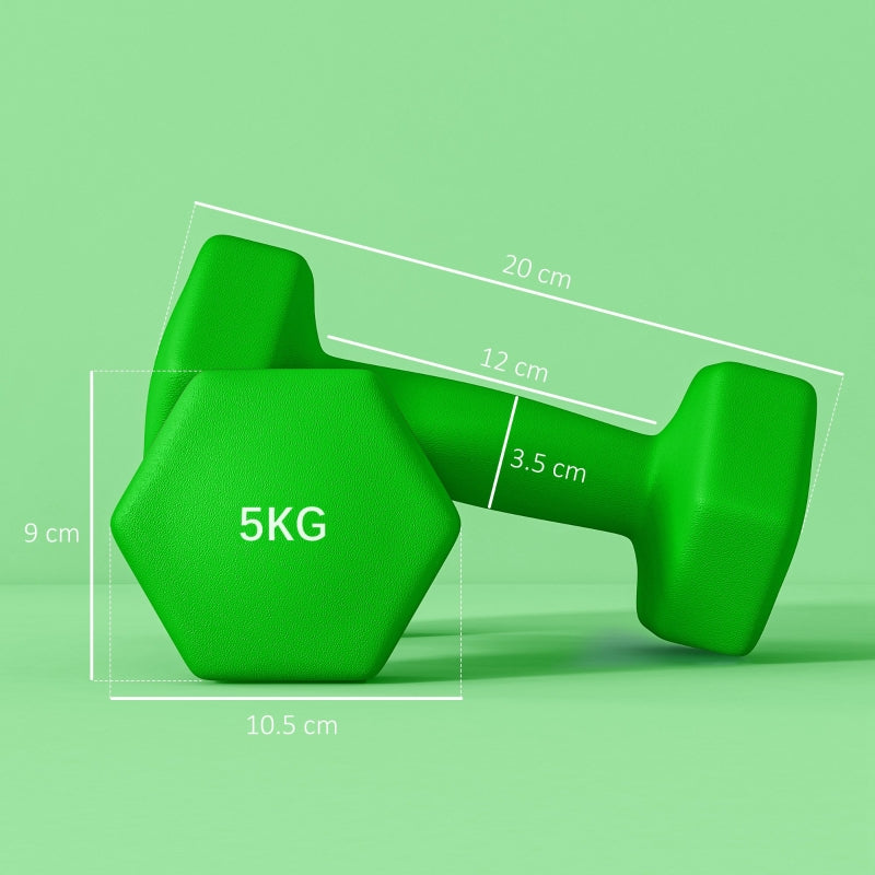 Hexagonal Dumbbells Weights Set, 2 x 5kg Non-Slip Grip, Green