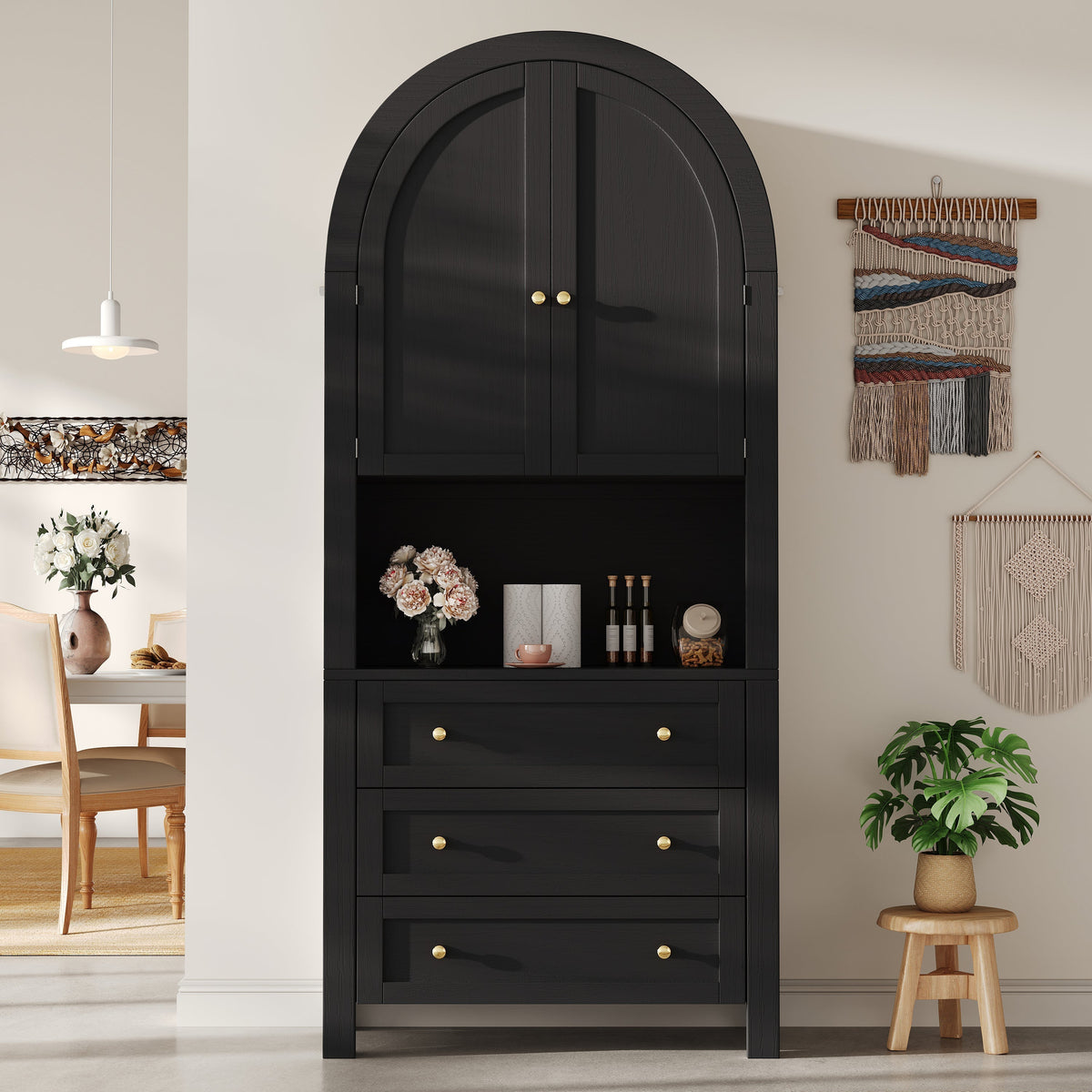 Tall Arched Storage Cabinet with Drawers, Doors & Open Display Area - Black