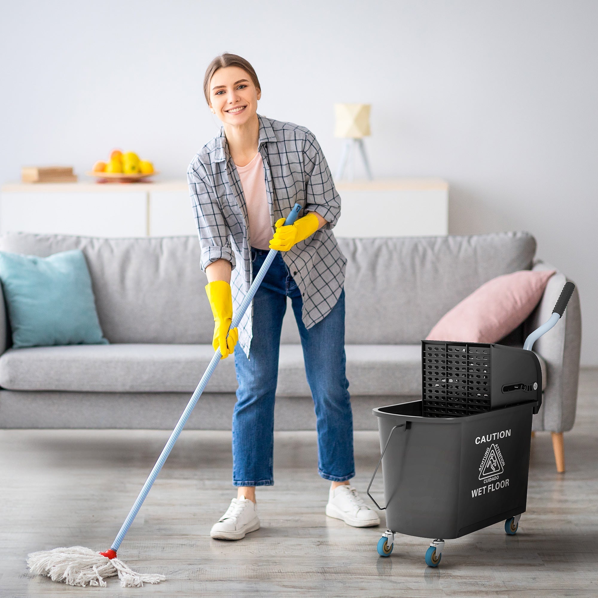 Cleaning Cart, 20 Liter Mop Bucket with Press, 2 Chambers, Black