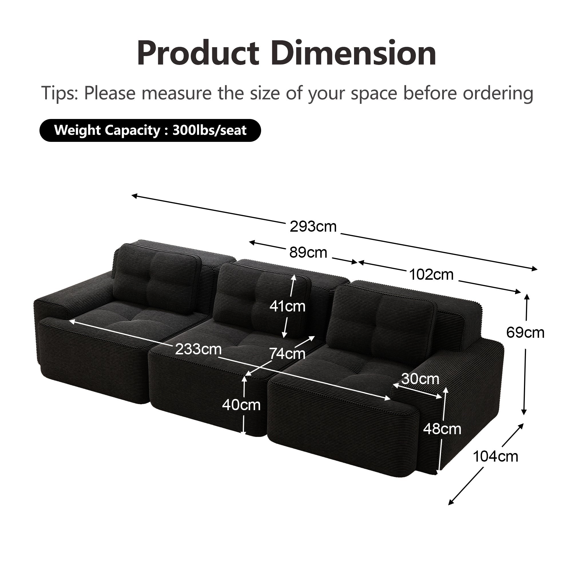 Cloud Modular Sofa Boneless Oversized Corner 3-Seater Corduroy Black