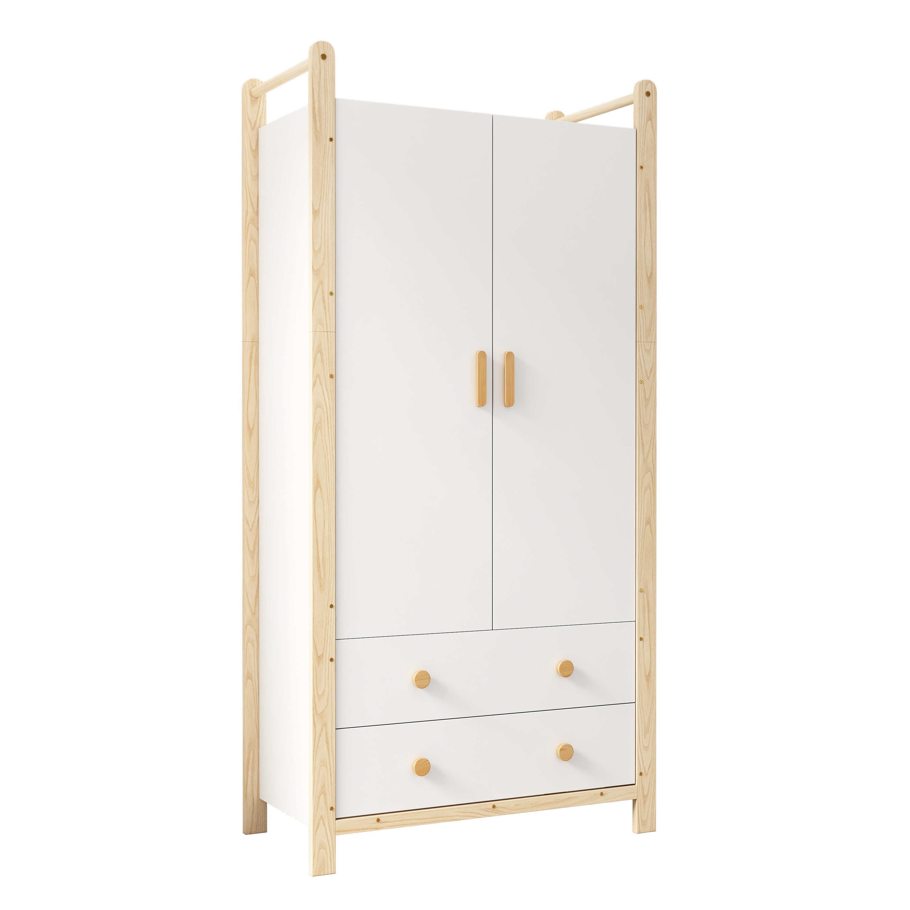 2-Door Wardrobe with Clothes Rail & 2 Drawers, 90x45x180 cm - White/Pine