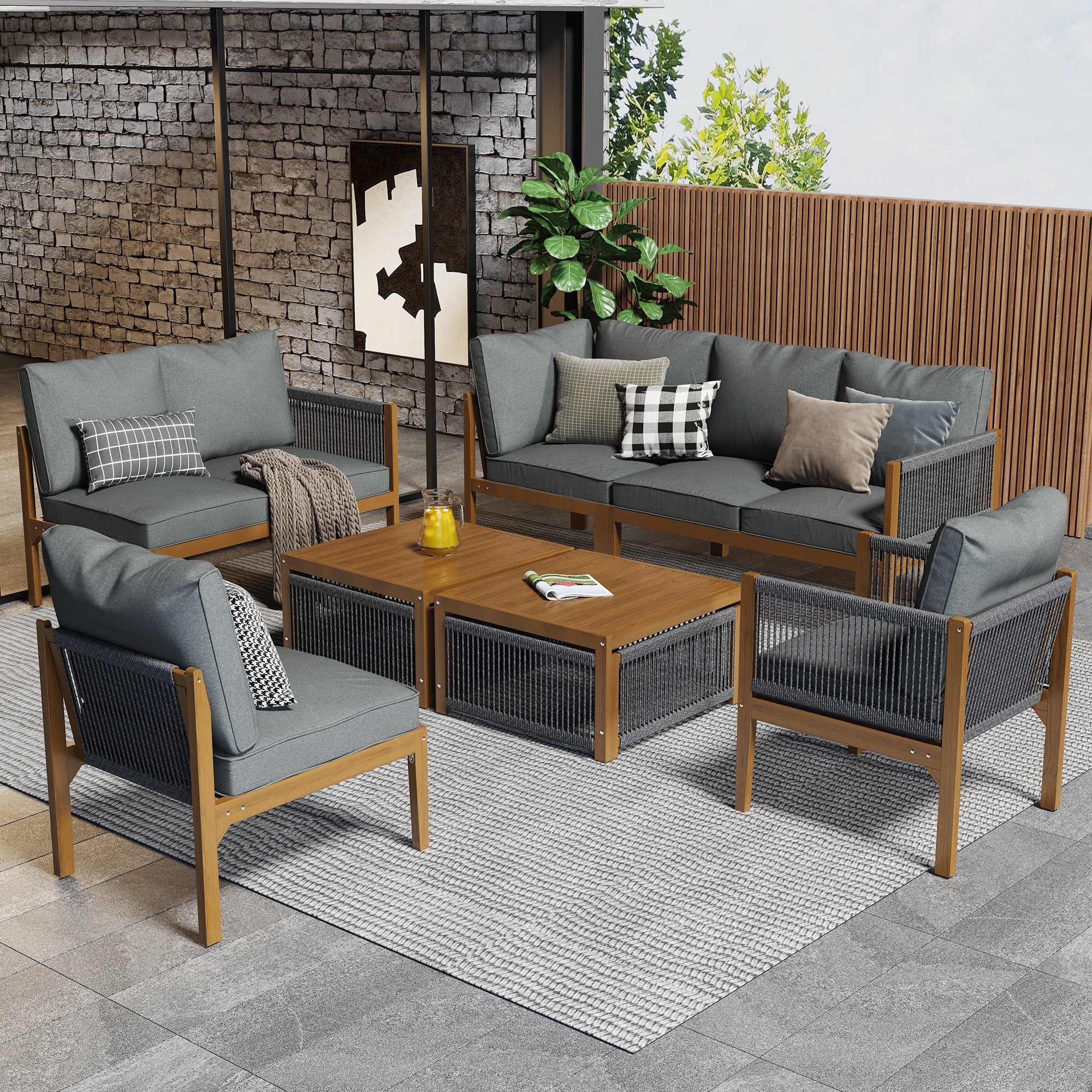 Garden Lounge Set for 7-8 People with Sofa, Table and Washable Cushions, Natural and Grey
