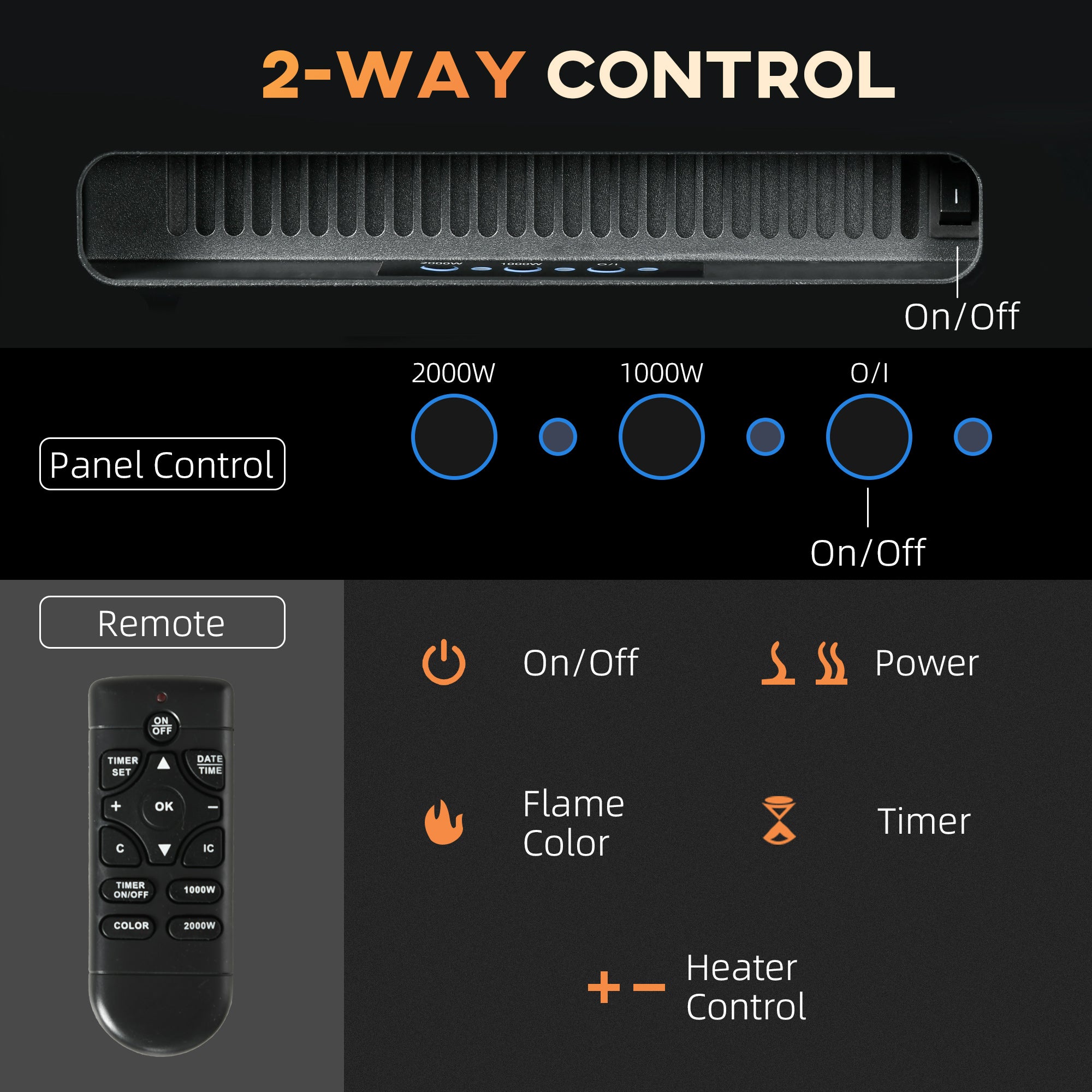 127cm Electric Fireplace, 2000W Recessed Wall Mounted with Remote, 9 Flame Colors and Crystal, Black