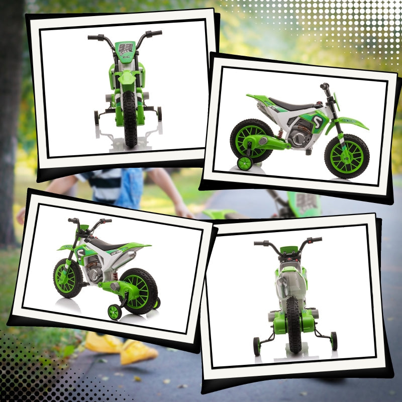 Children's Electric Motorcycle with Training Wheels and 45 Min Driving Time, Green and White