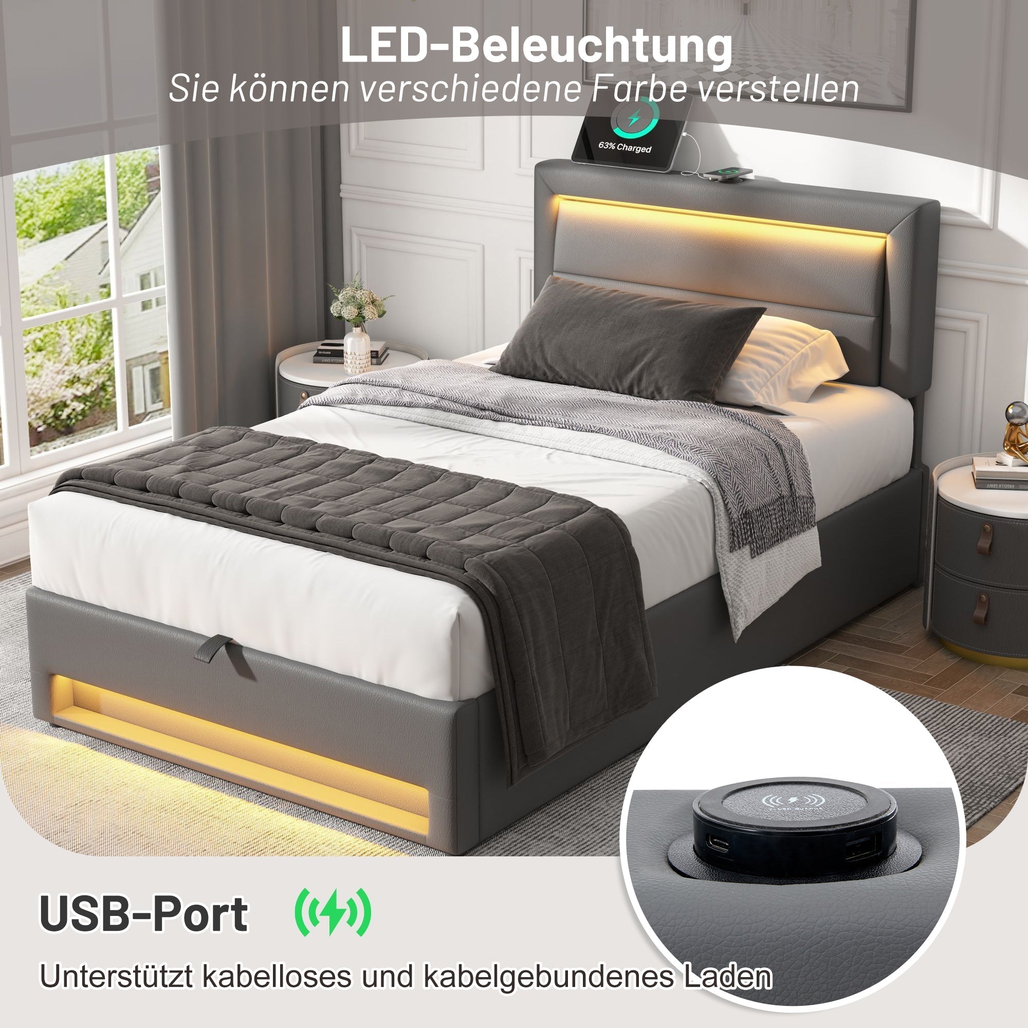 Upholstered Bed 90x190cm USB Charging LED Lighting Storage PU Lychee Grey