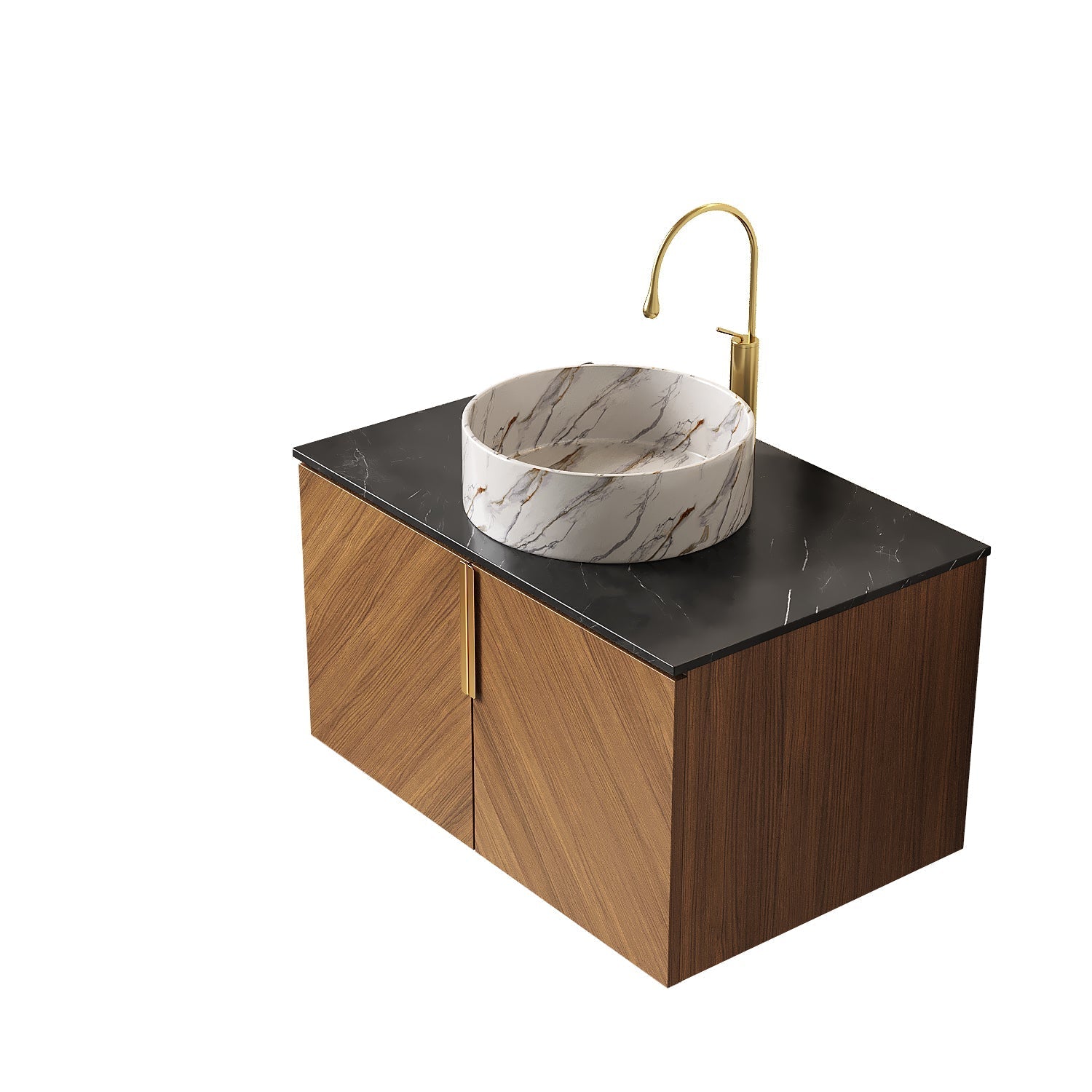 ARAI 76cm Wall-Mounted Bathroom Vanity Unit with White Ceramic Basin, Black Sintered Stone Countertop, Espresso Plywood