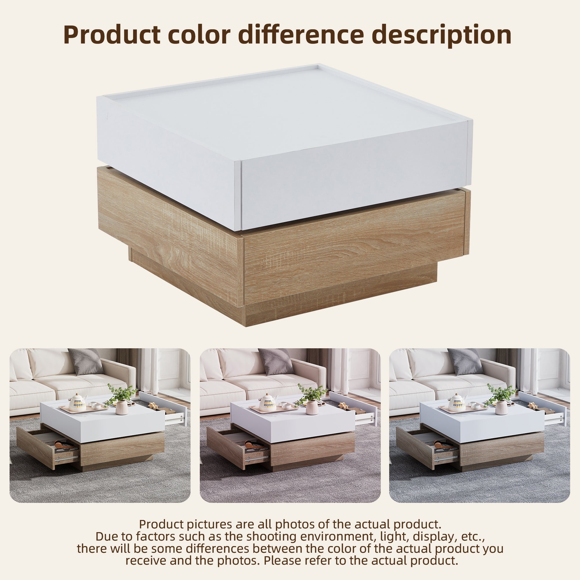 Functional coffee table, 360° rotatable with 2 levels storage, walnut frame white