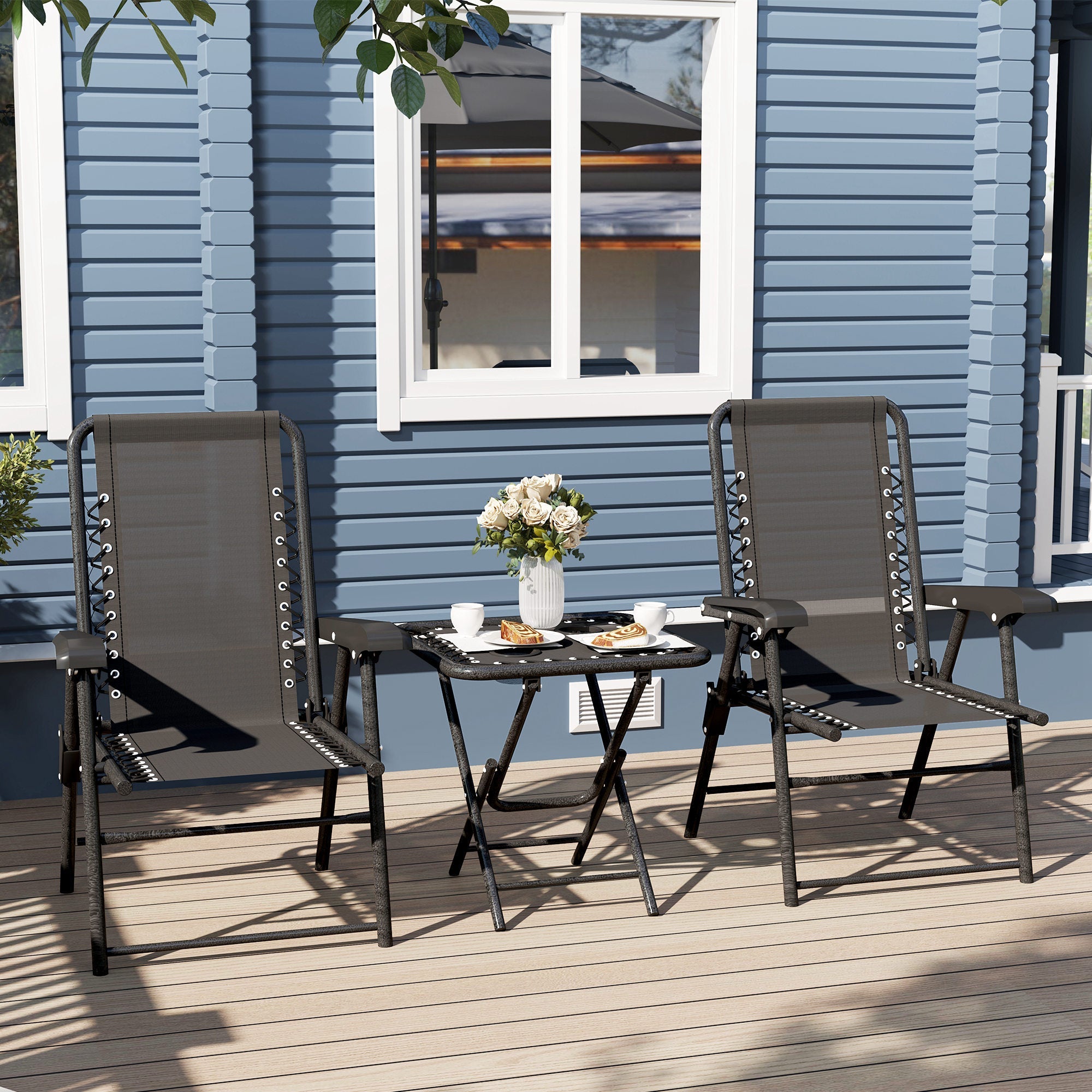 Three-Piece Garden Table and Chair Set, Folding Bistro Black