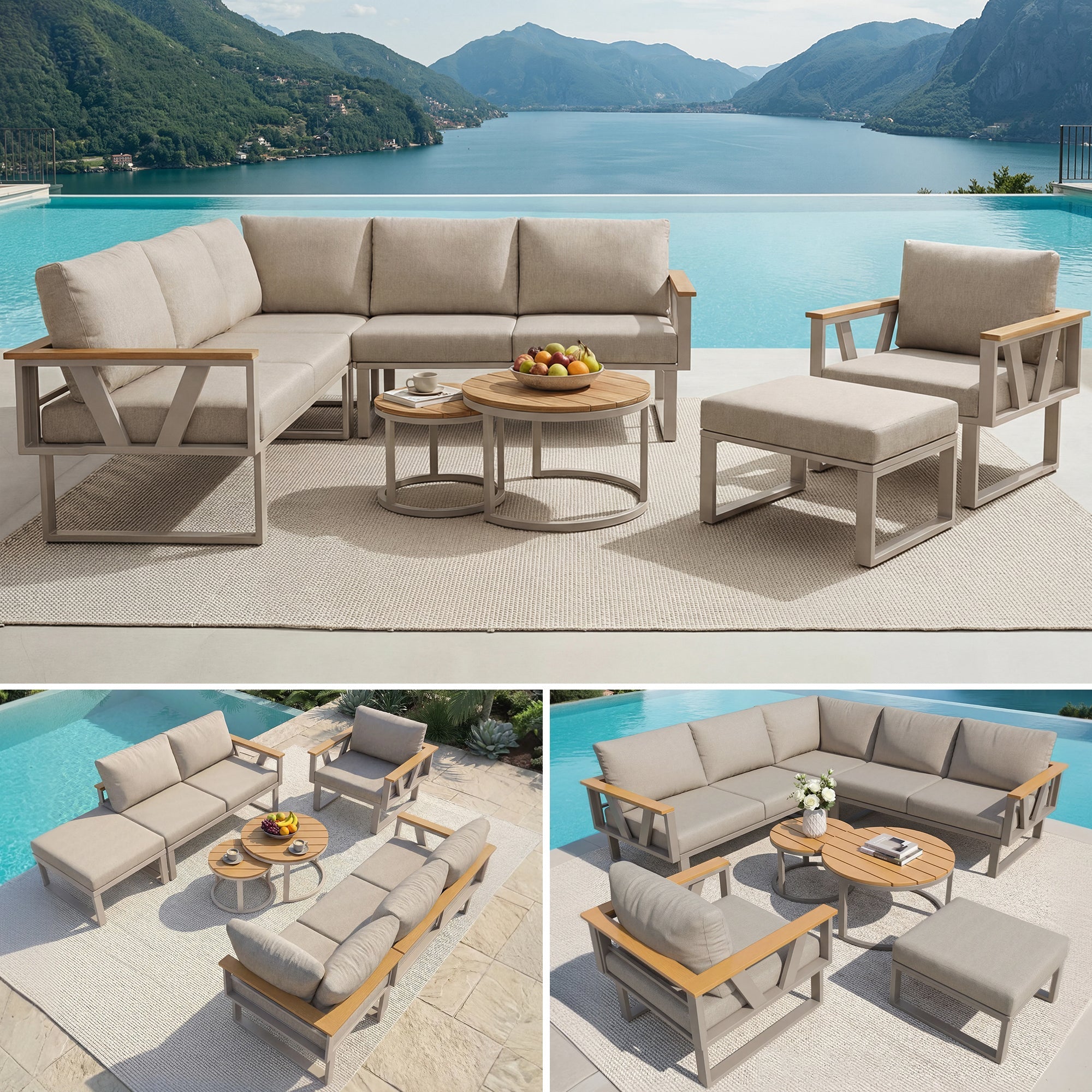 Modular Outdoor Seating Set with 9cm Cushions and 2 Wooden Tables, Grey and Beige