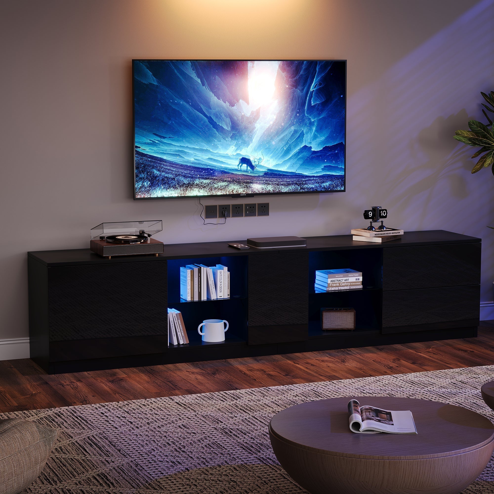 Lowboard TV Stand High-Gloss with LED Lighting 160cm for 65" TV Black