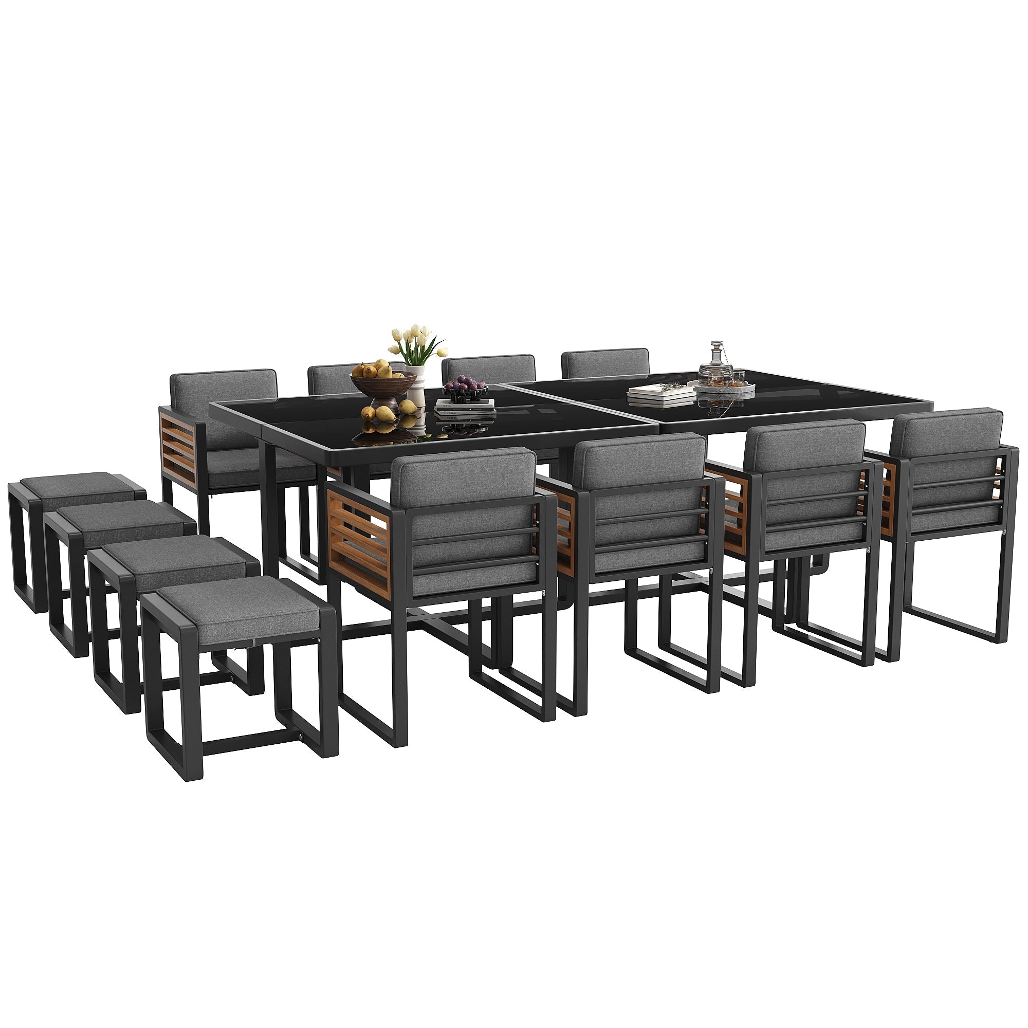 Garden Furniture Set with 12 Chairs and Table for 12 People, Glass Tabletop