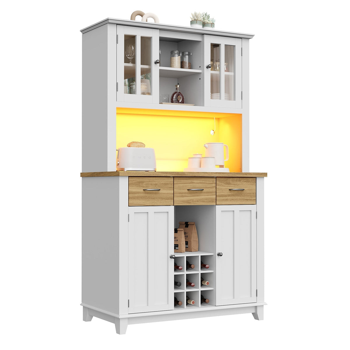 Tall Kitchen Buffet Display Cabinet Adjustable Shelves LED Lighting Wood-Colored Drawers