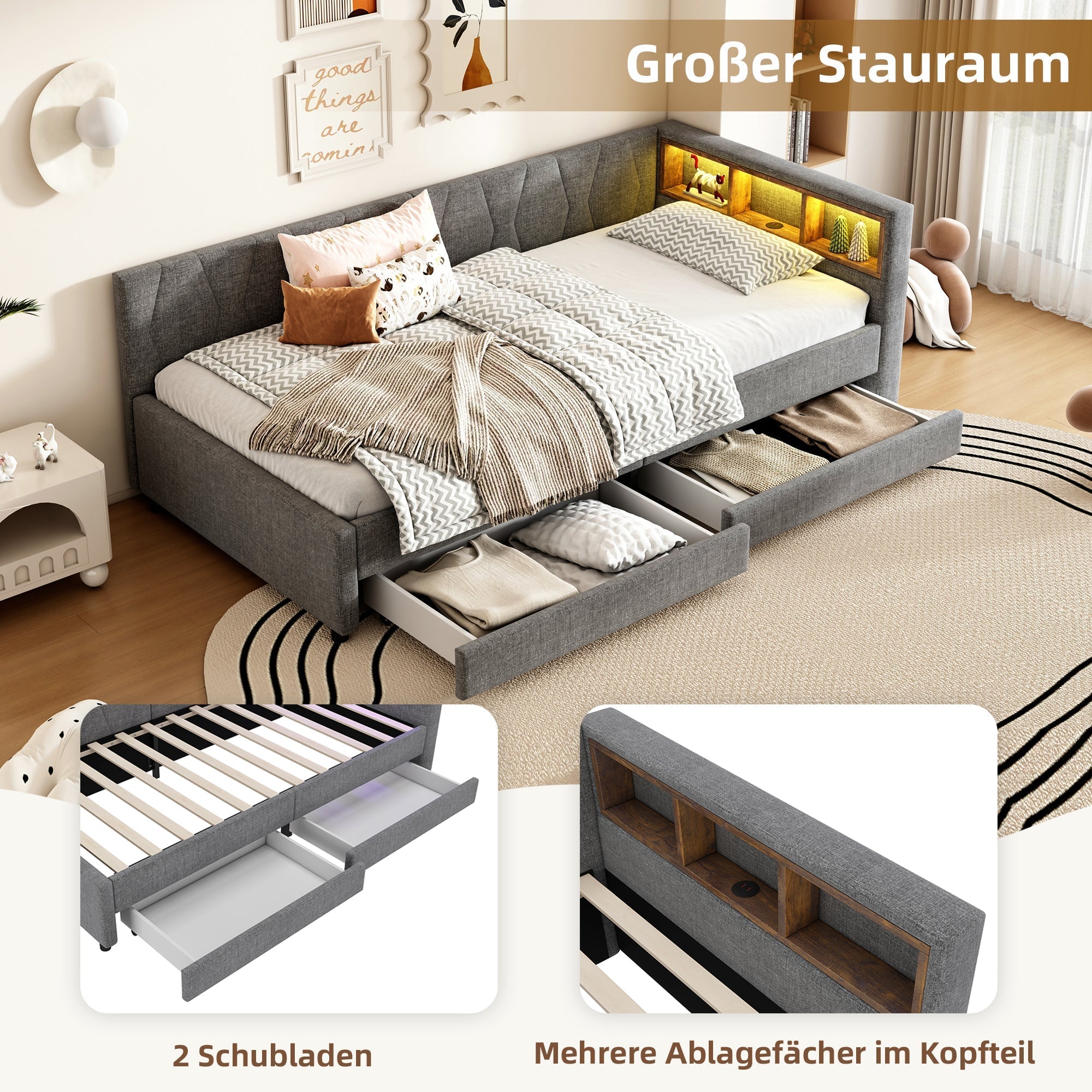 Daybed Sofa Bed 90x200cm Storage Compartment USB/Type C Two Drawers Linen Grey