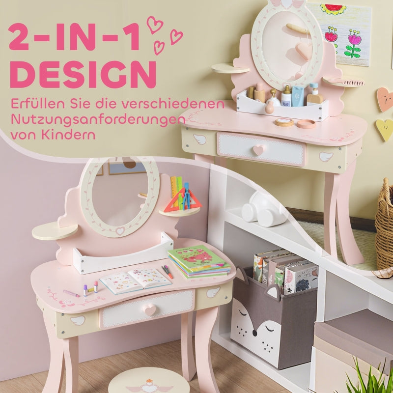 Children's Vanity Desk Set 2-in-1 Chair Drawer Mirror MDF - Pink
