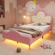 Upholstered Children's Bed with Crown Headboard, LED Strip, PU, Pink + White