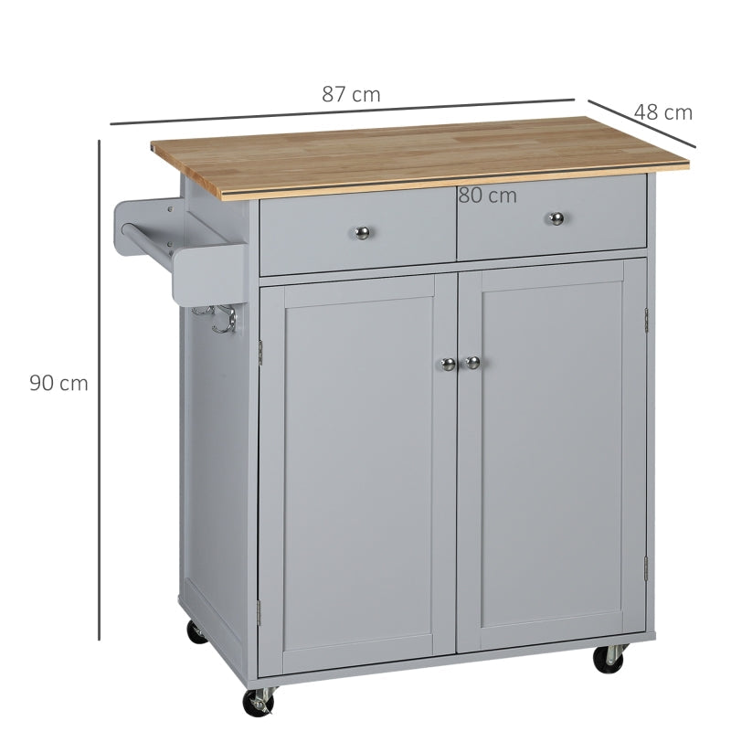 Rolling Kitchen Island, Serving Cart w/ Rubber Wood Top, Towel Rack & Storage, Grey