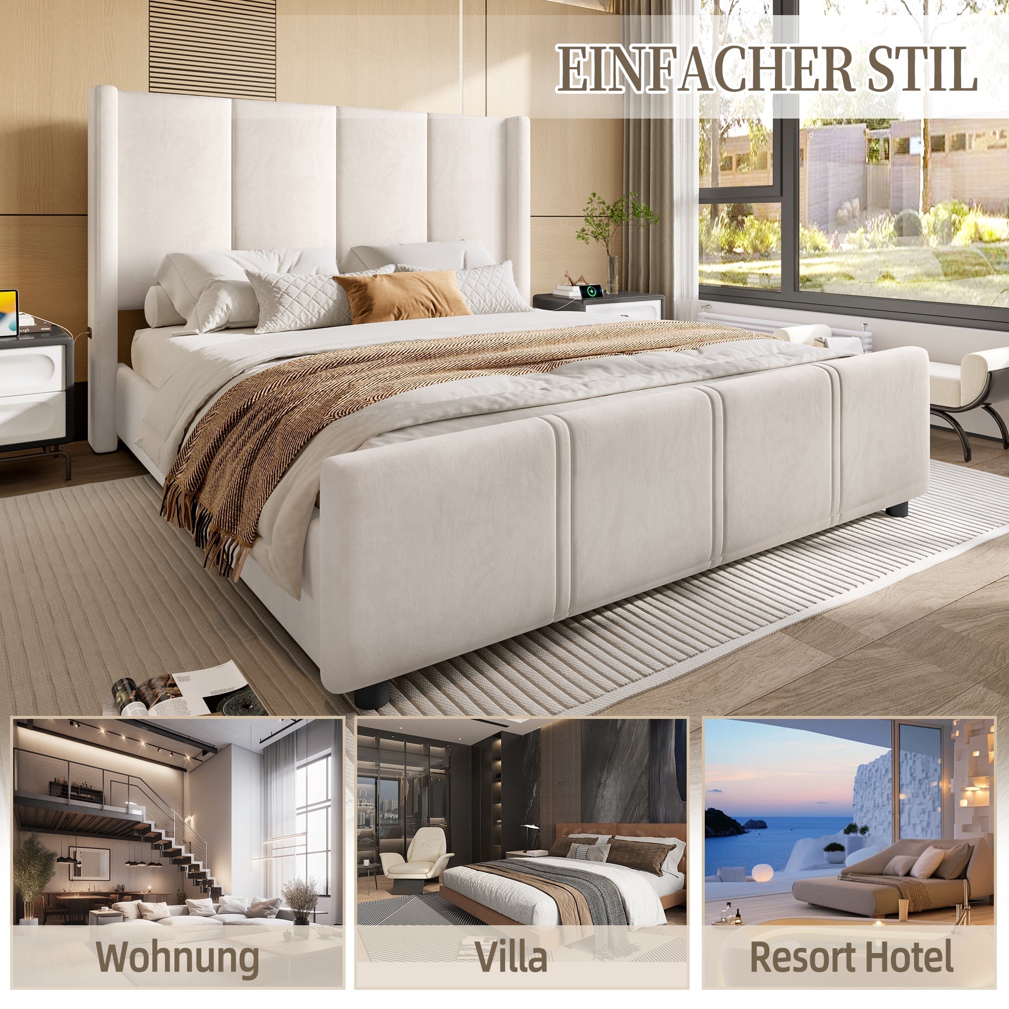 Upholstered Bed Frame, Modern High Headboard & Footboard, USB Port, Iron & Wood, Beige