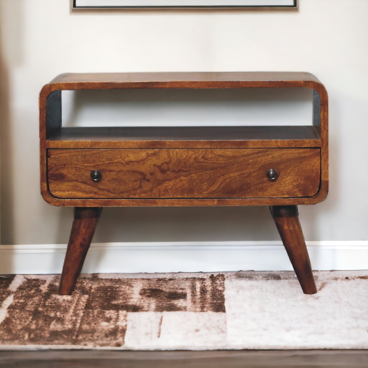 Solid Wood Mini Curved Media Unit, 1 Drawer, 1 Open Slot, Brown