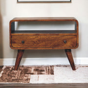 Solid Wood Mini Curved Media Unit, 1 Drawer, 1 Open Slot, Brown