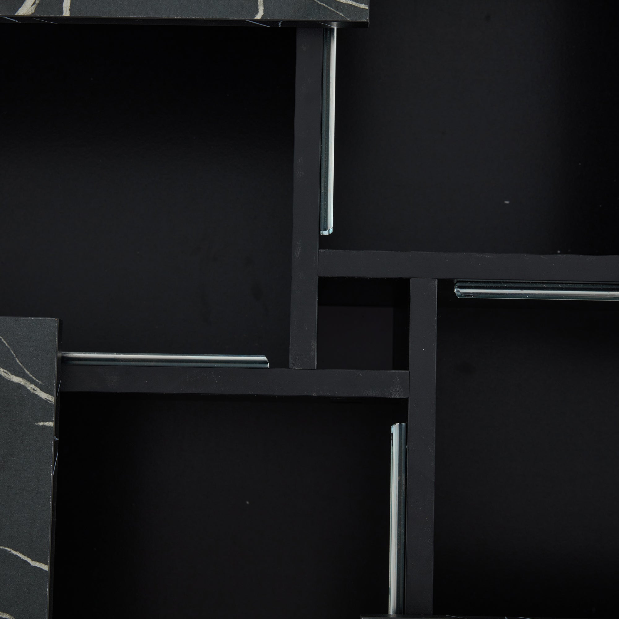 Coffee Table, Square 90x90x25cm with Four Drawers, Sliding Tabletop, Black Marble Look