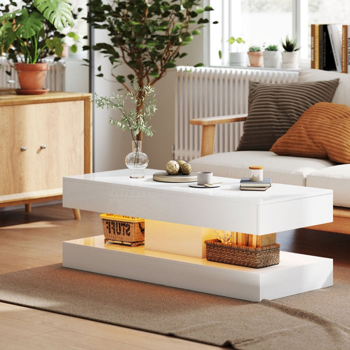 Living Room Table, Drawers, LED Lights, Open Shelf, White Chipboard