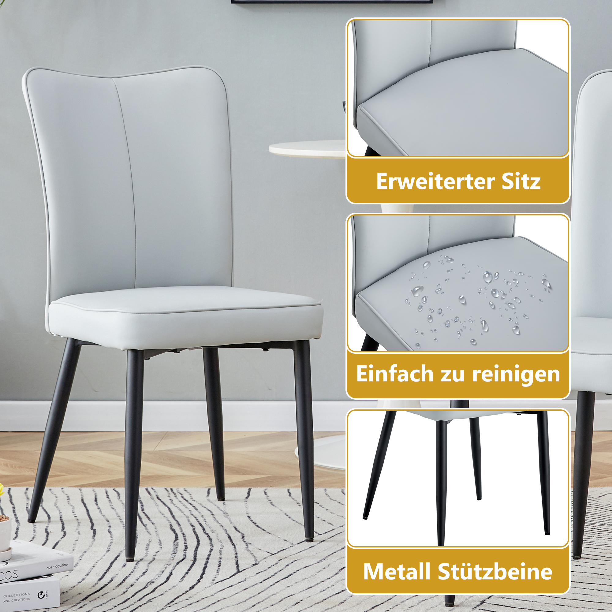 Dining Chairs Set of 2 Modern 89cm High PU Black Metal Legs Light Grey
