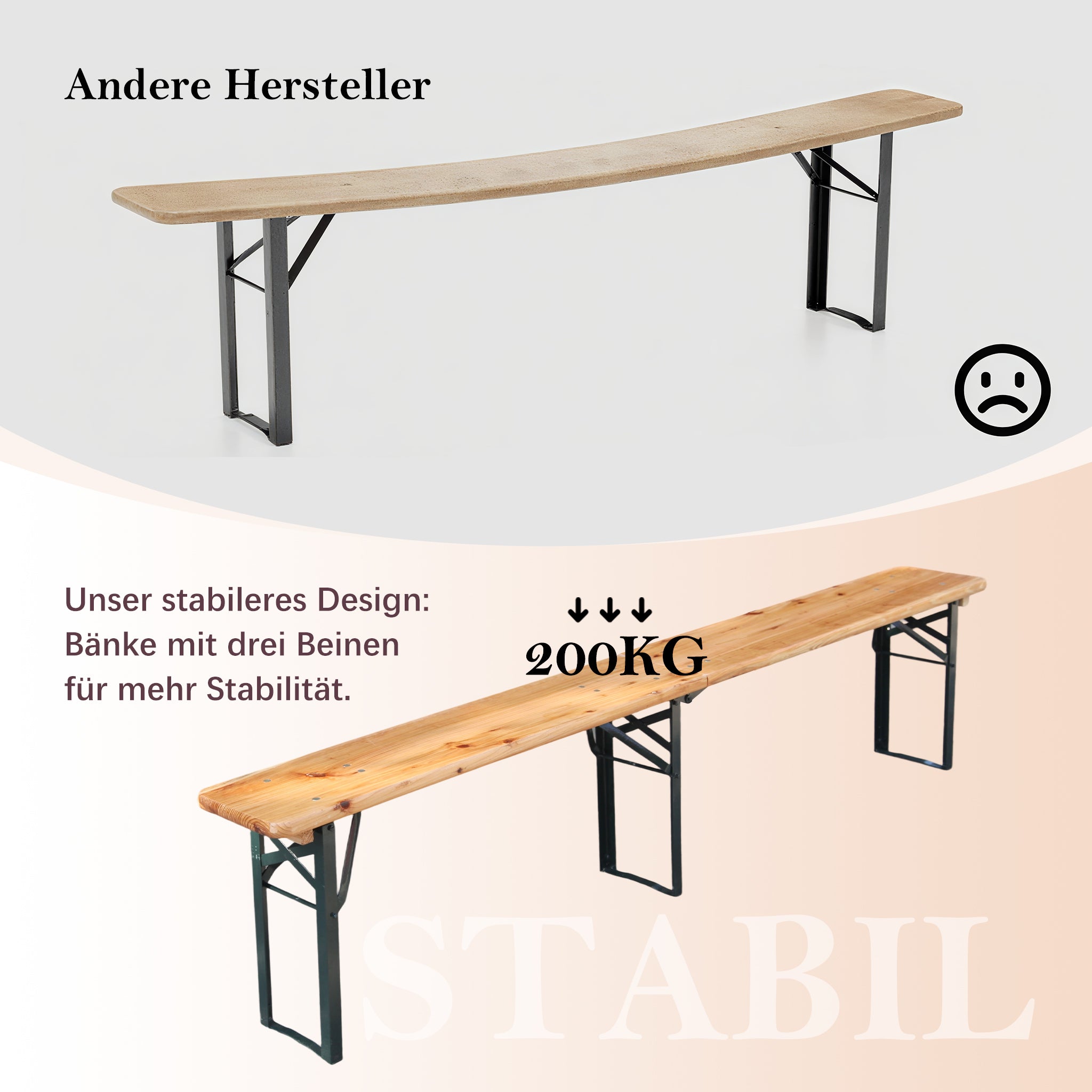 Foldable beer garden set, 3-piece 220 cm, space-saving, solid pine