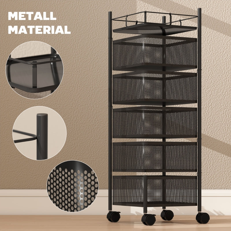 Kitchen Trolley with 5 Rotating Baskets and 4 Swivel Casters, Black Metal