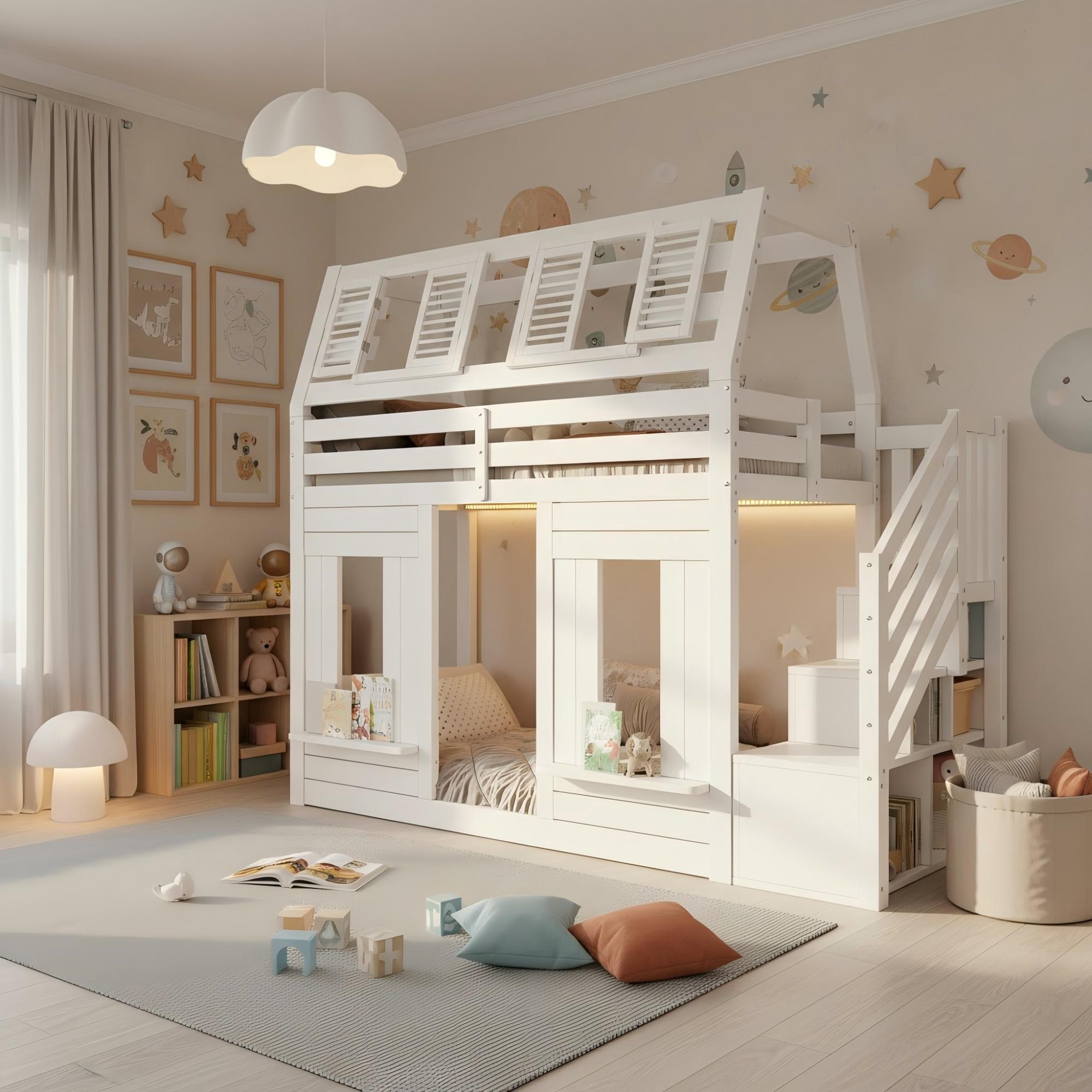 Bunk Bed with LED, Fall Protection and Storage Stairs, 90x200cm, White Wooden House Design